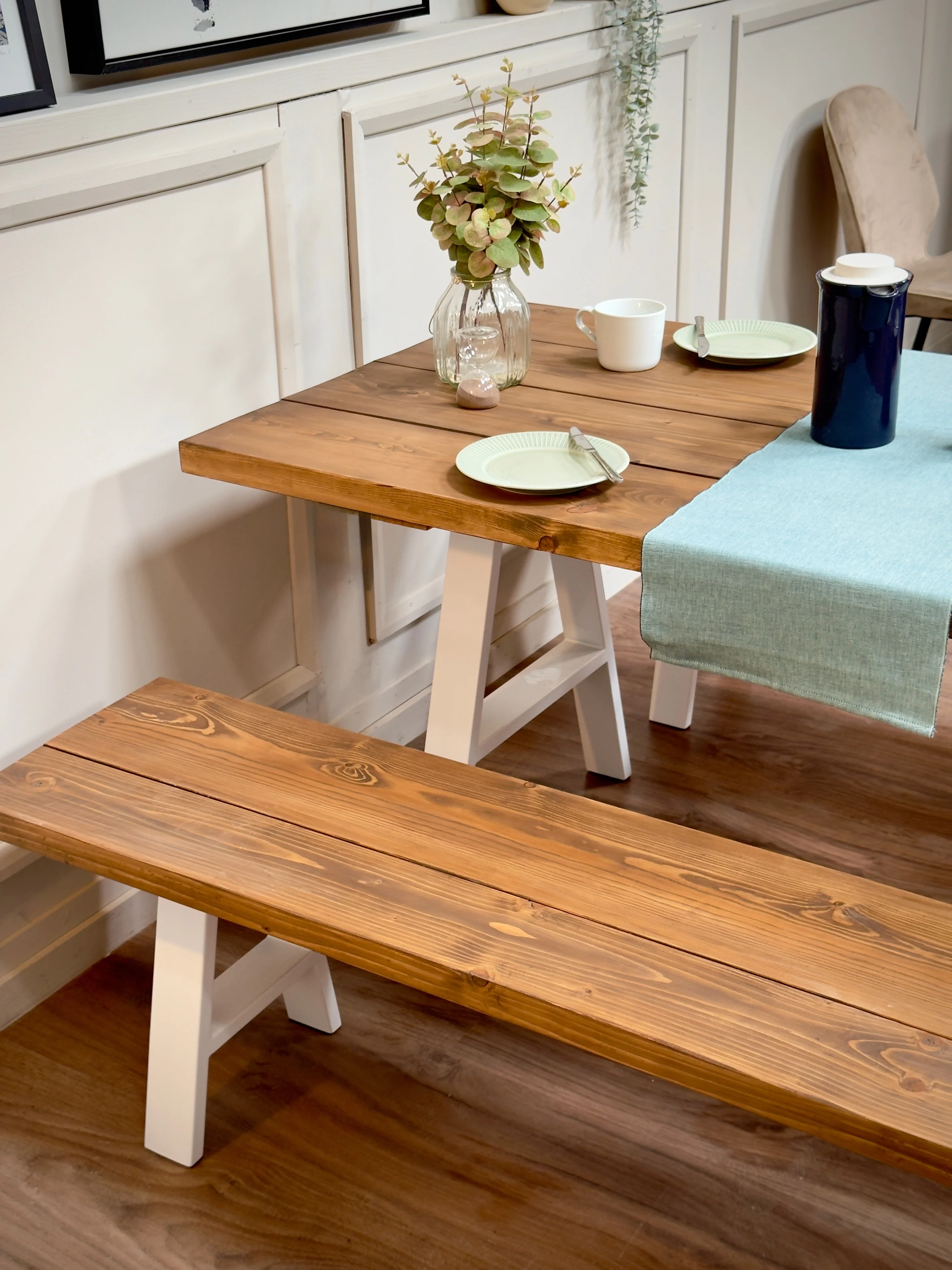 Rustic Solid Wood Dining Table & Benches – A Frame Legs in Steel, Black or White – Handmade Kitchen Table Set - Image 13