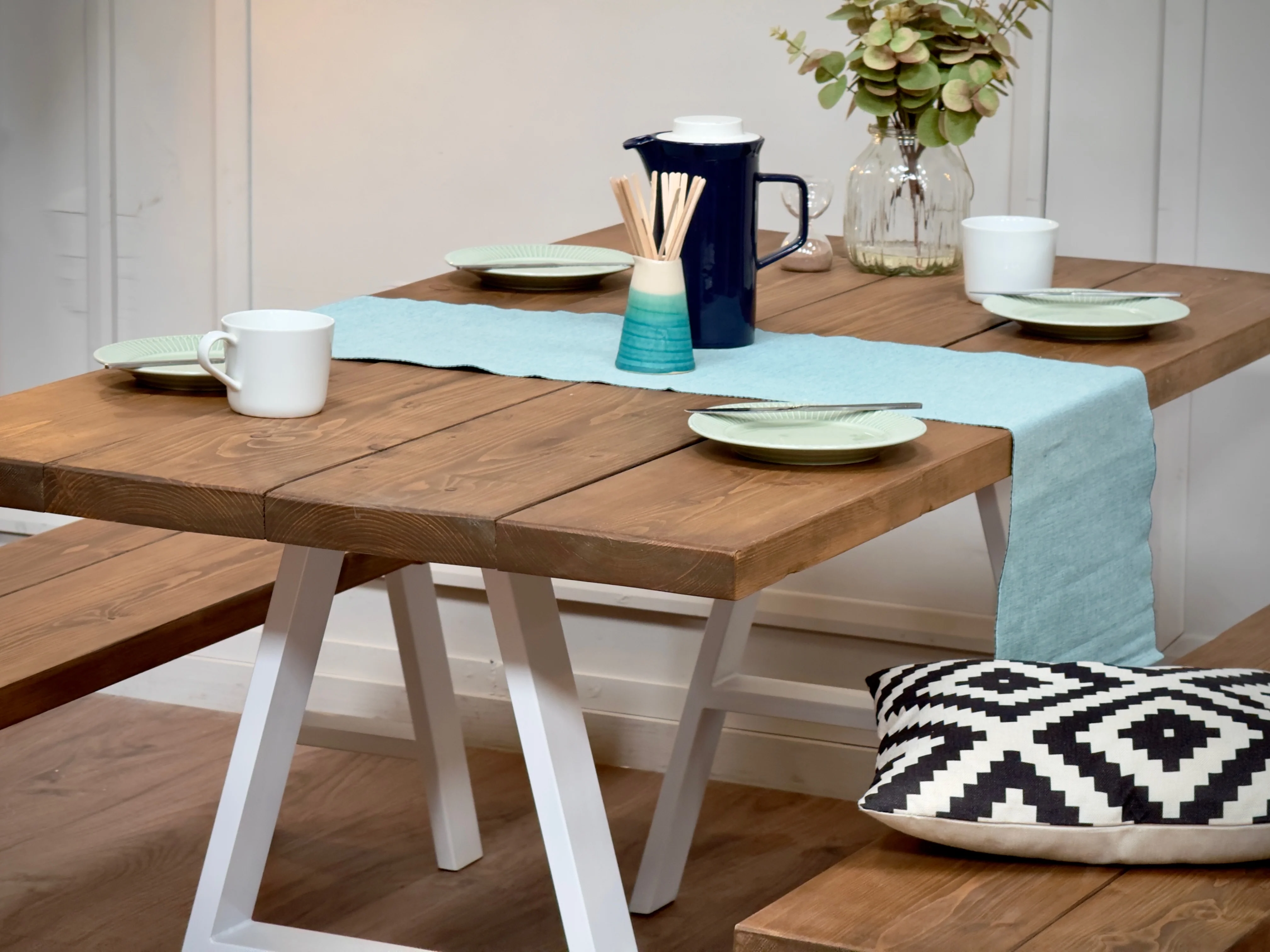 Rustic Solid Wood Dining Table & Benches – A Frame Legs in Steel, Black or White – Handmade Kitchen Table Set - Image 3
