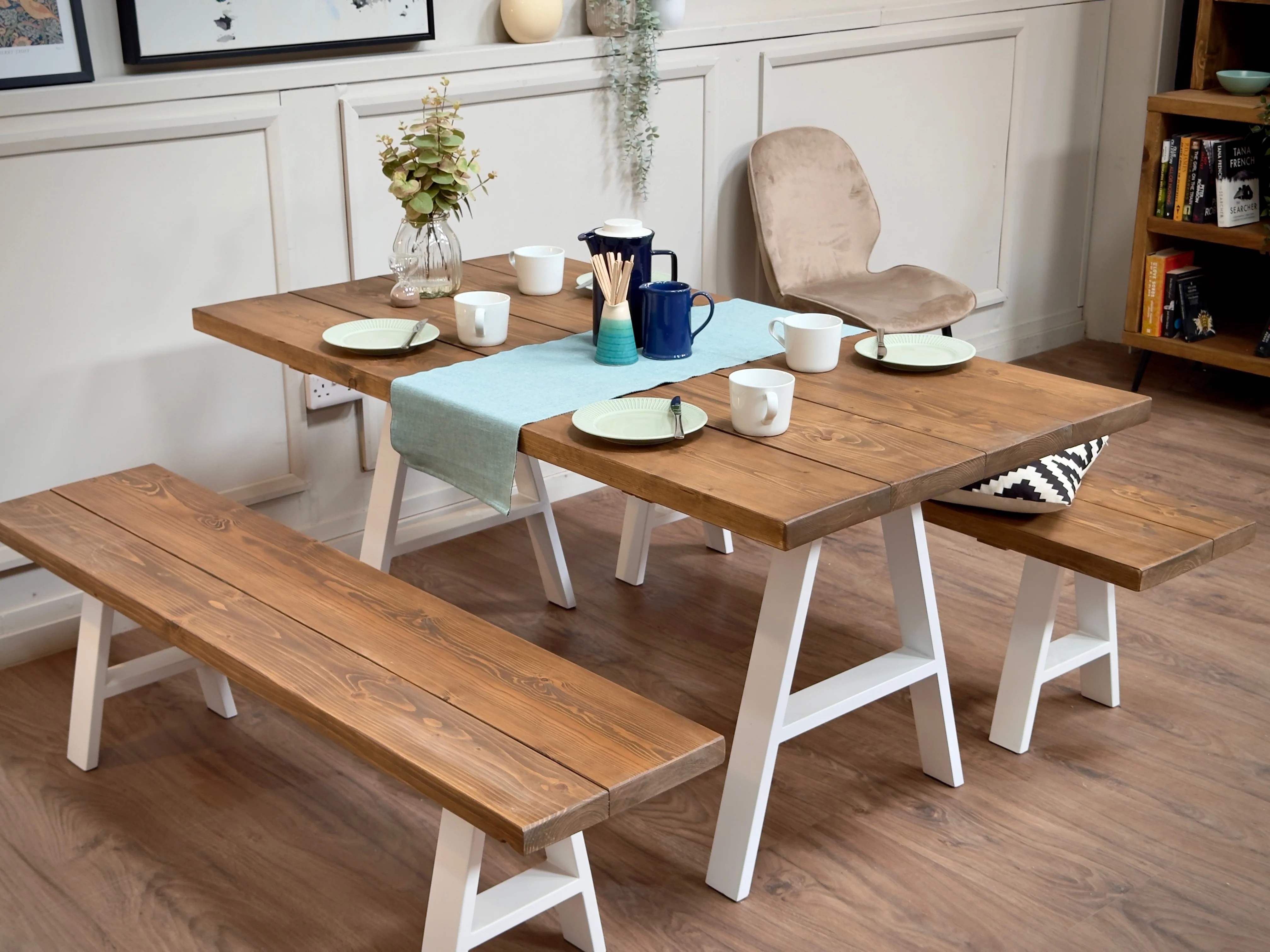 Rustic Solid Wood Dining Table & Benches – A Frame Legs in Steel, Black or White – Handmade Kitchen Table Set - Image 4