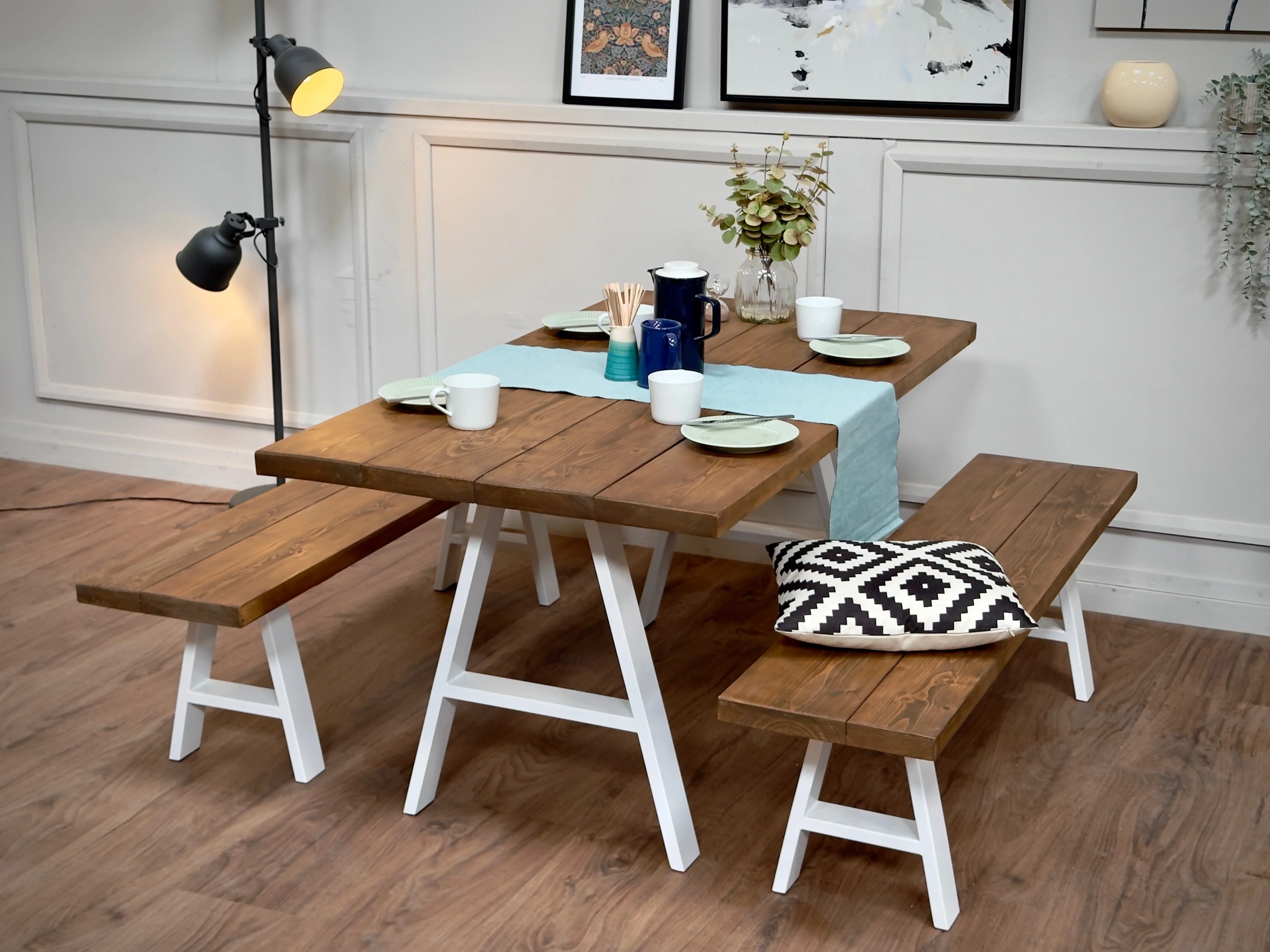 Rustic Solid Wood Dining Table & Benches – A Frame Legs in Steel, Black or White – Handmade Kitchen Table Set - Image 5