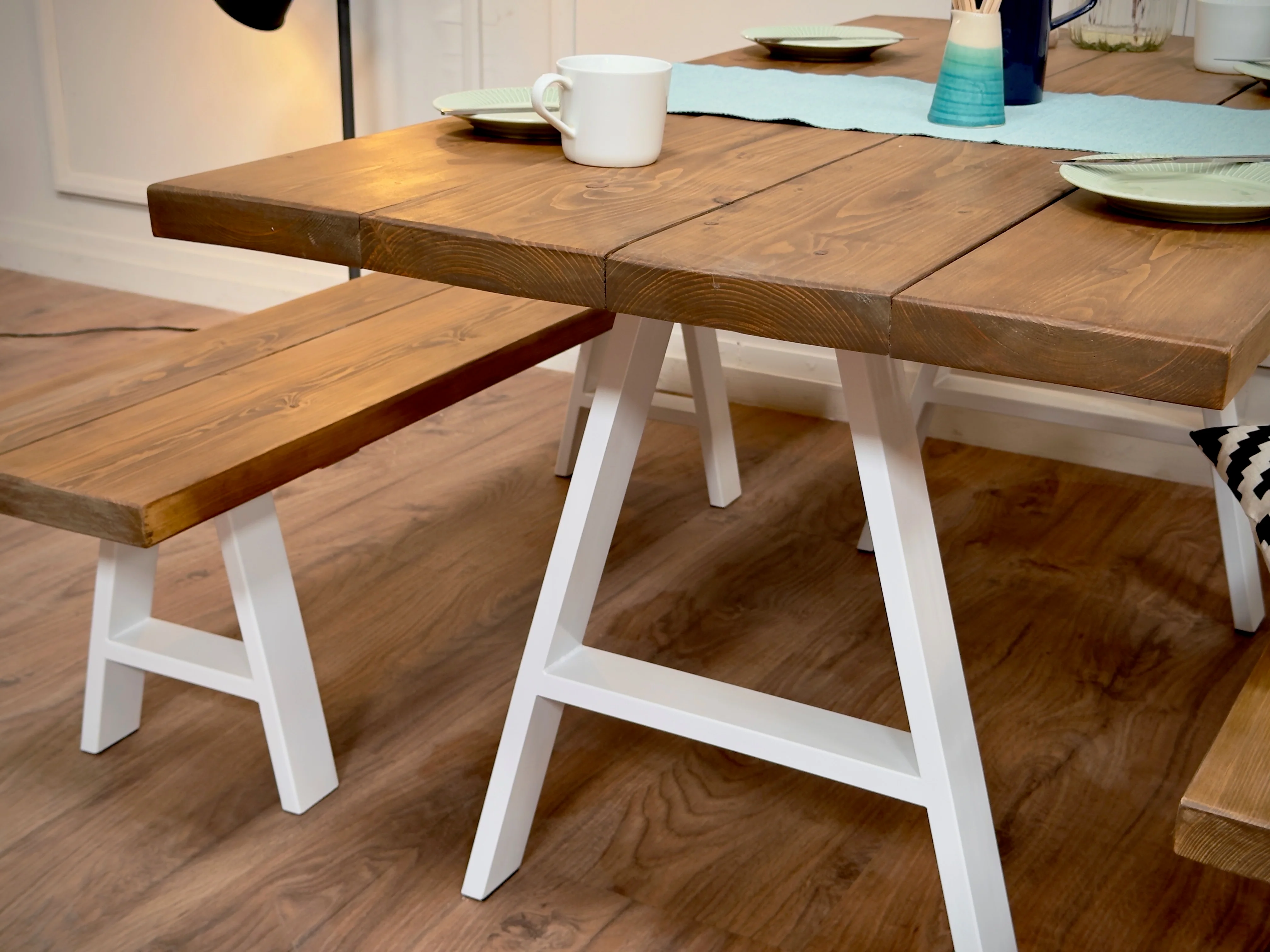 Rustic Solid Wood Dining Table & Benches – A Frame Legs in Steel, Black or White – Handmade Kitchen Table Set - Image 8