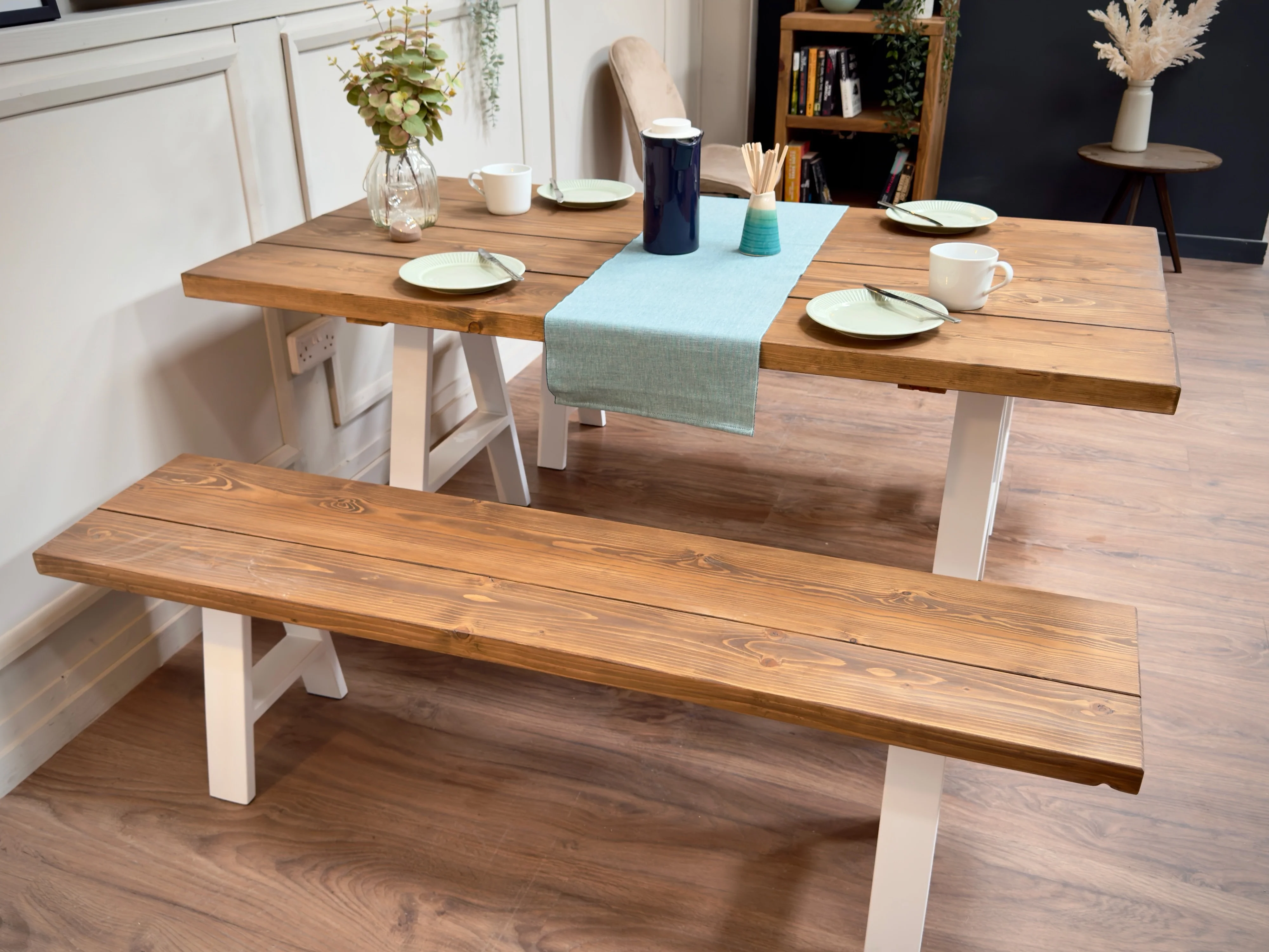 Rustic Solid Wood Dining Table & Benches – A Frame Legs in Steel, Black or White – Handmade Kitchen Table Set - Image 9