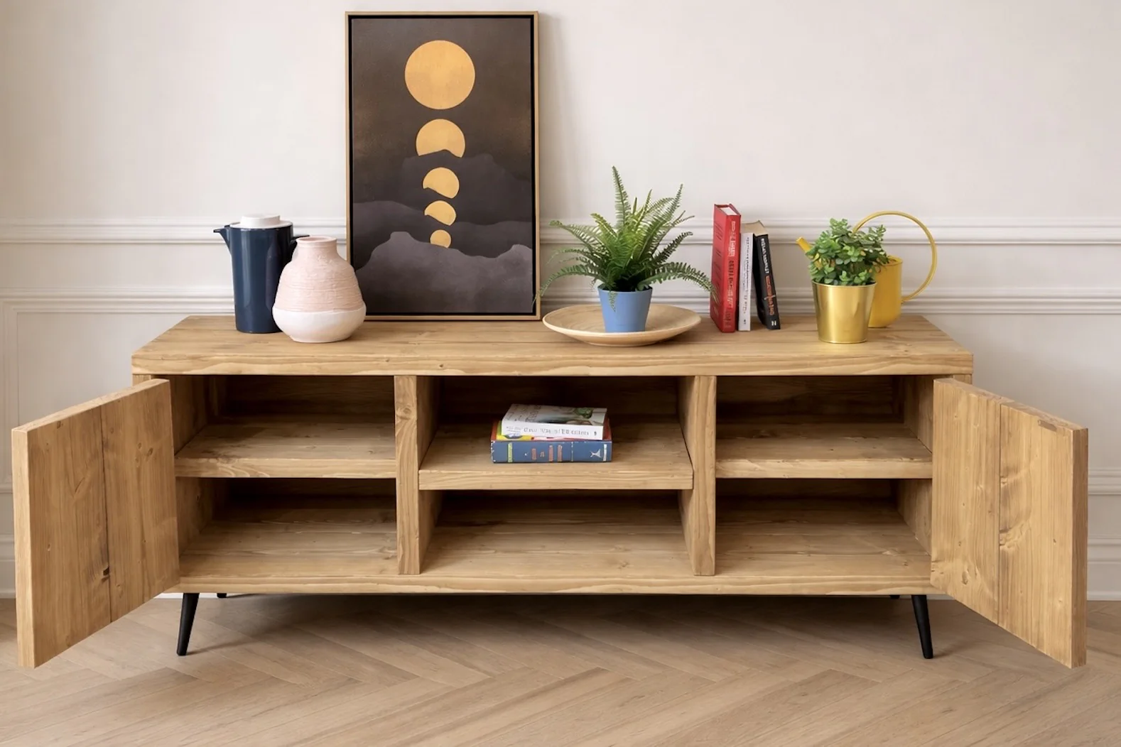 Handcrafted Rustic Sideboard on Tapered Legs. Mid Century Inspired. Home Media Storage. - Image 7