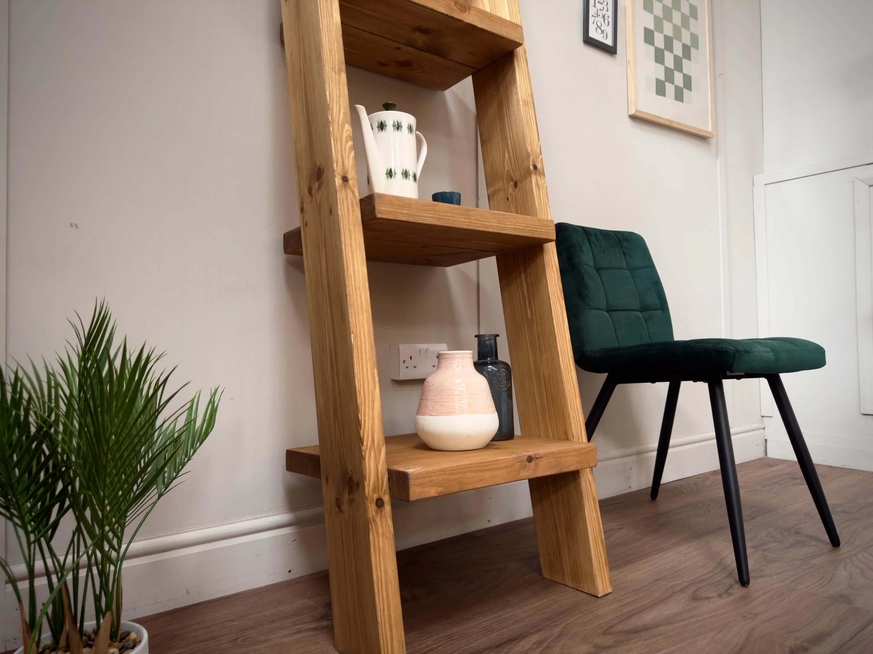 Handmade Wooden Ladder Bookcase | Industrial Reclaimed Shelving | Solid Wood Sloping Shelves, Wall Unit | Living Room, Kitchen, Bathroom - Image 5