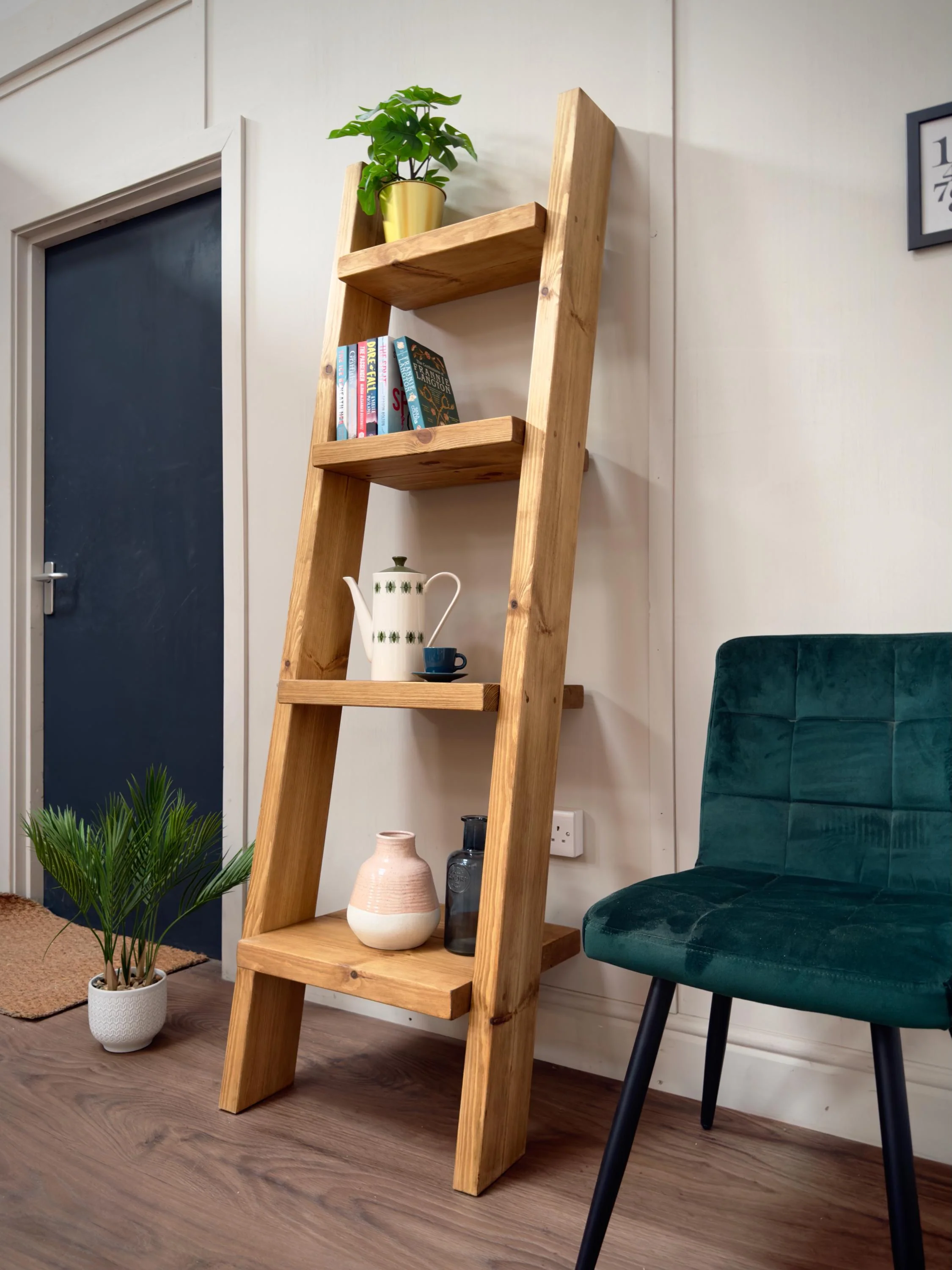 Handmade Wooden Ladder Bookcase | Industrial Reclaimed Shelving | Solid Wood Sloping Shelves, Wall Unit | Living Room, Kitchen, Bathroom - Image 6