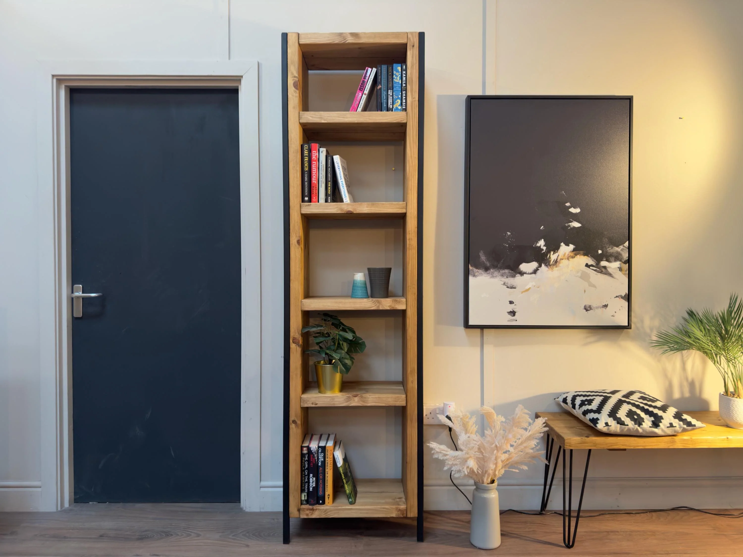 Industrial Bookcase | Solid Wooden Shelving, Steel Square Tube Framework | For Living Room, Office, Dining Room | Rustic Style
