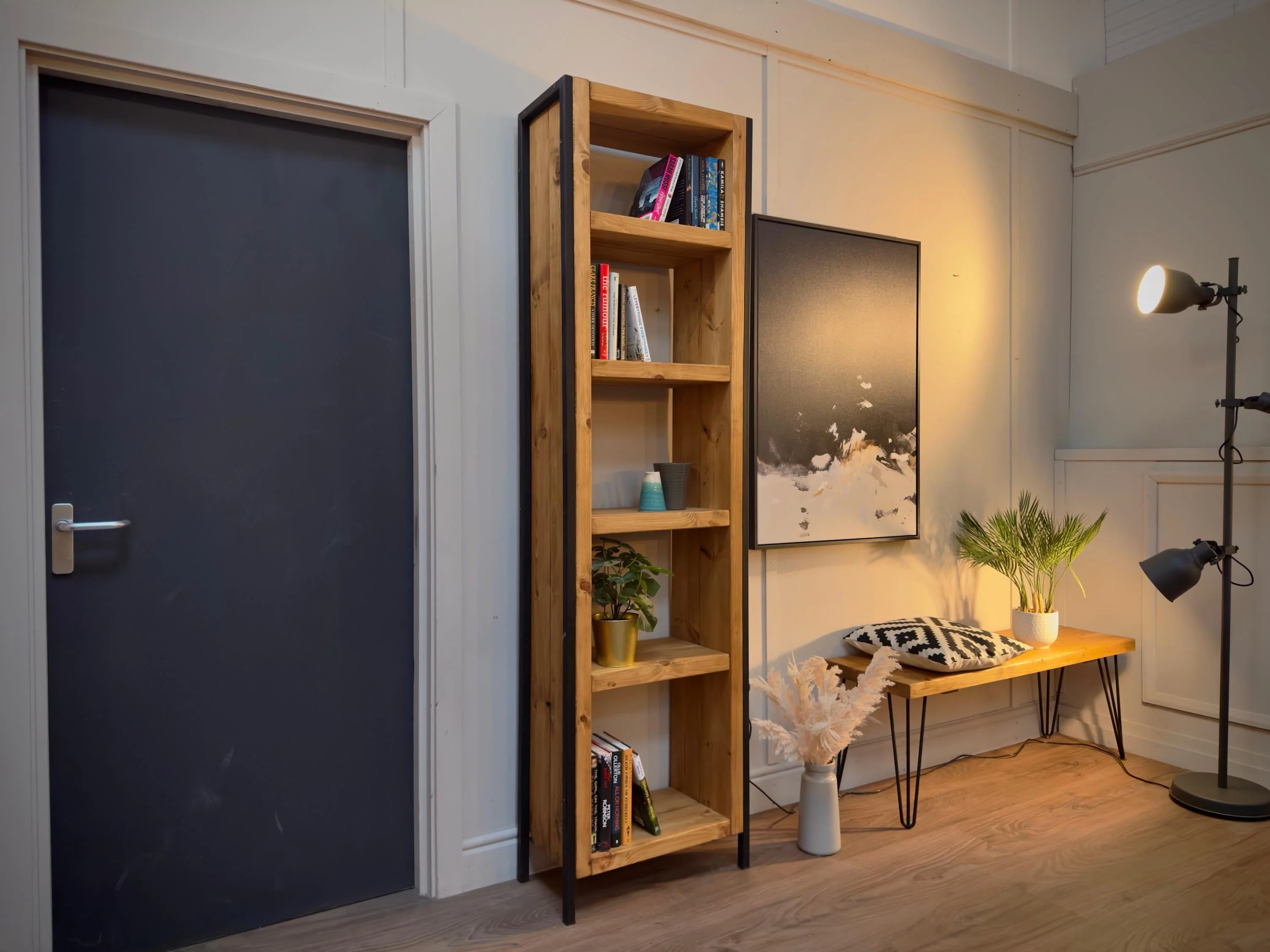 Industrial Bookcase | Solid Wooden Shelving, Steel Square Tube Framework | For Living Room, Office, Dining Room | Rustic Style - Image 2