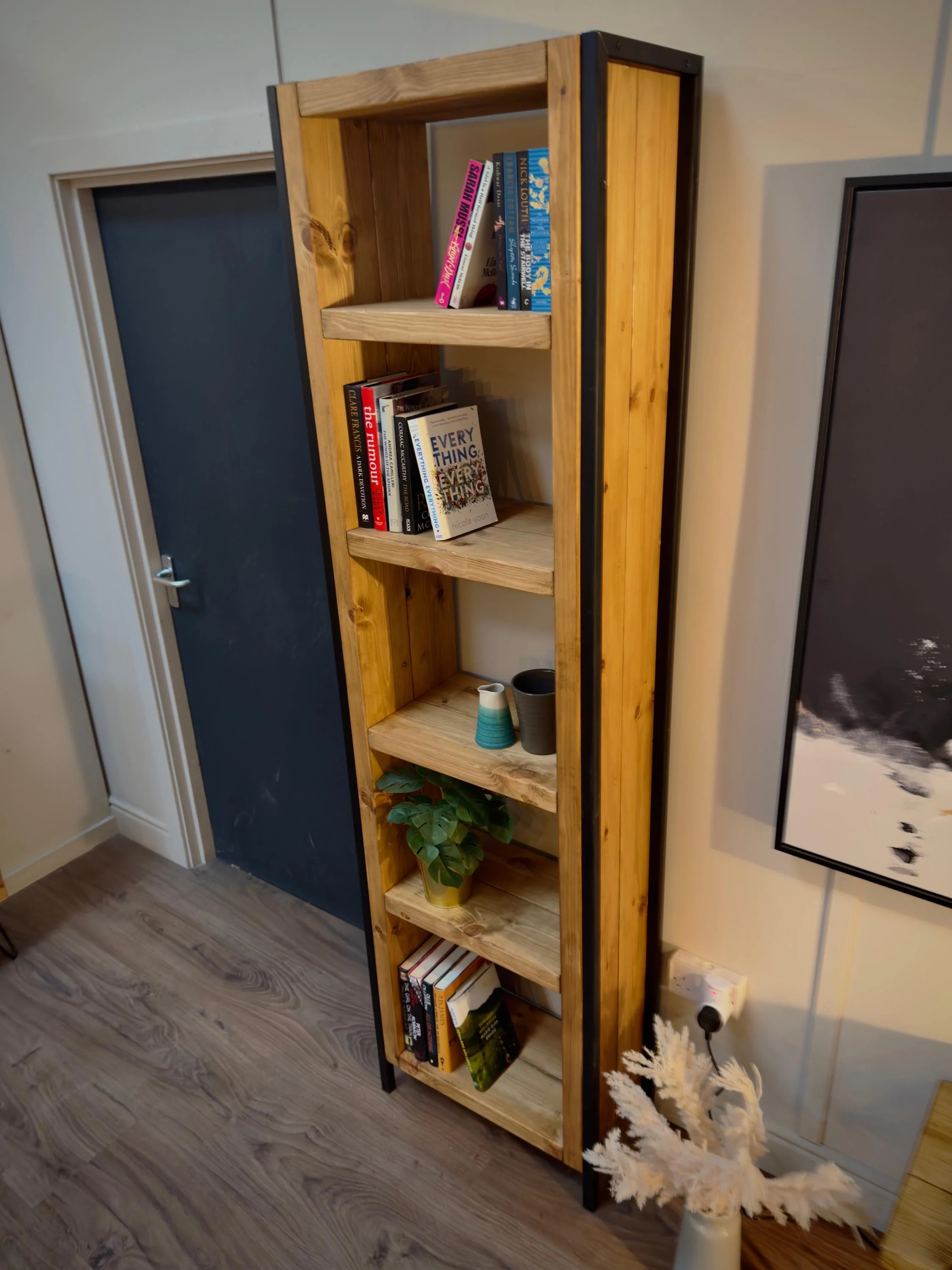 Industrial Bookcase | Solid Wooden Shelving, Steel Square Tube Framework | For Living Room, Office, Dining Room | Rustic Style - Image 3