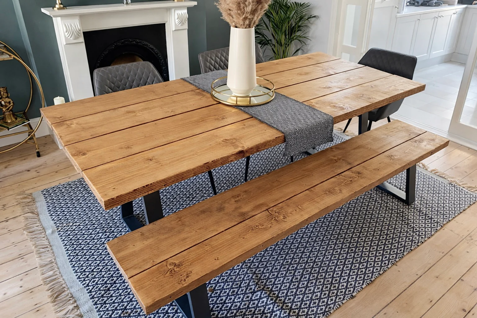 Industrial Reclaimed Dining Table & Bench on Steel Trapezium Legs, Rustic, Scaffold Board - Image 11