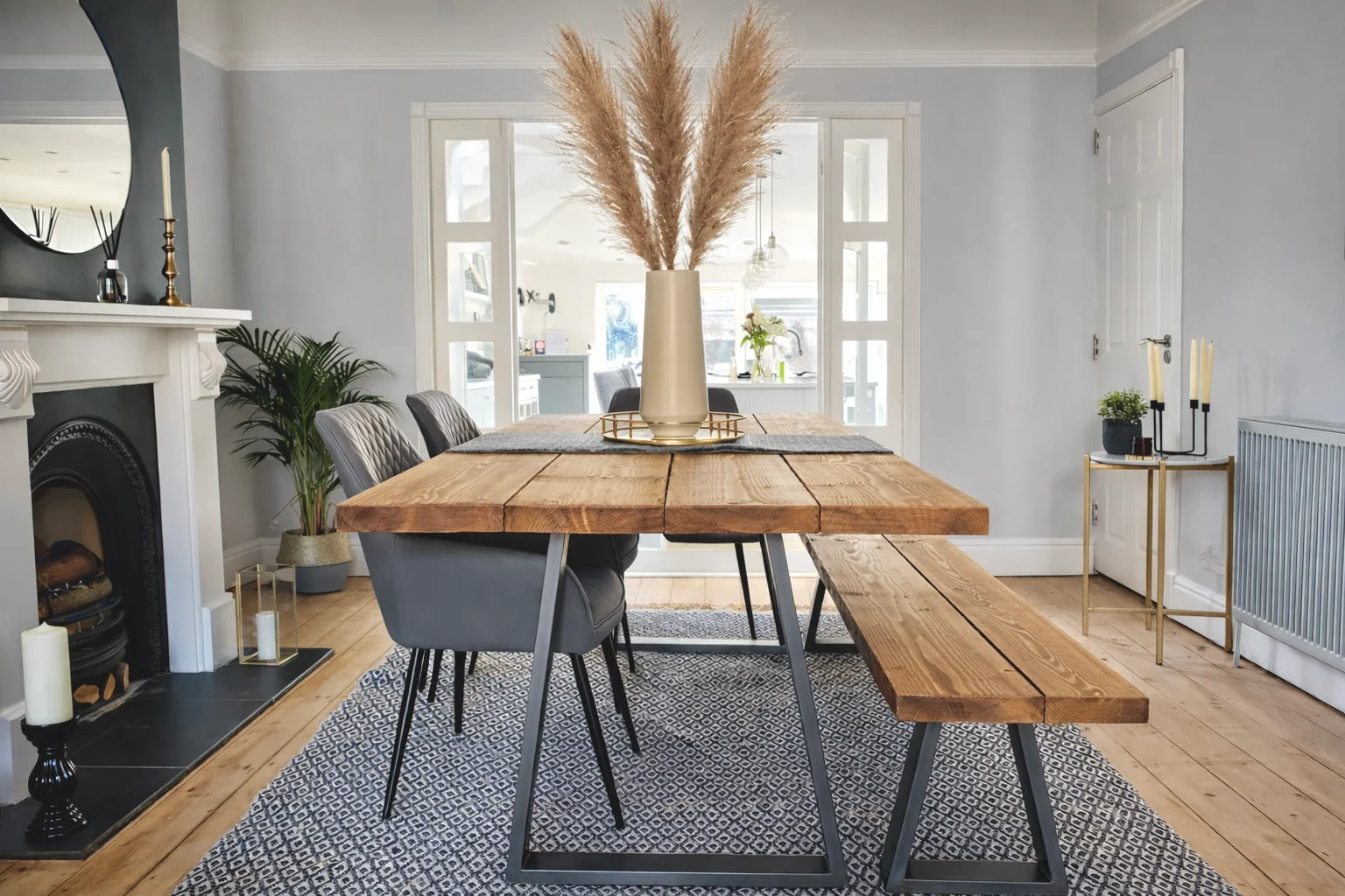 Industrial Reclaimed Dining Table & Bench on Steel Trapezium Legs, Rustic, Scaffold Board - Image 12