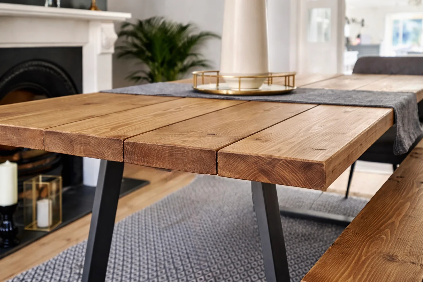 Industrial Reclaimed Dining Table & Bench on Steel Trapezium Legs, Rustic, Scaffold Board - Image 13