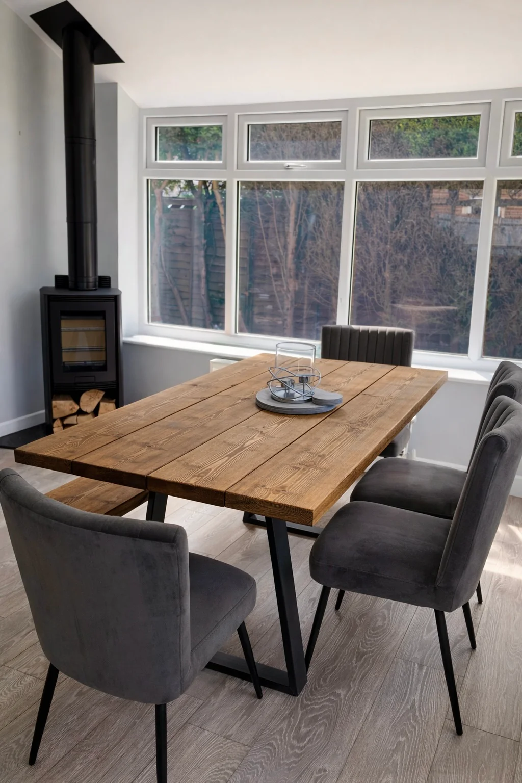 Industrial Reclaimed Dining Table & Bench on Steel Trapezium Legs, Rustic, Scaffold Board - Image 14