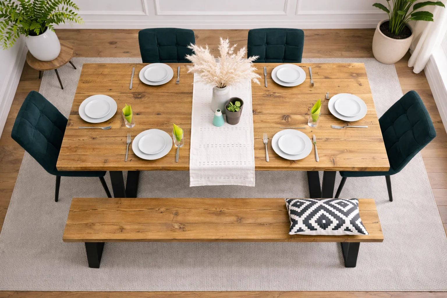 Industrial Reclaimed Dining Table & Bench on Steel Trapezium Legs, Rustic, Scaffold Board - Image 3