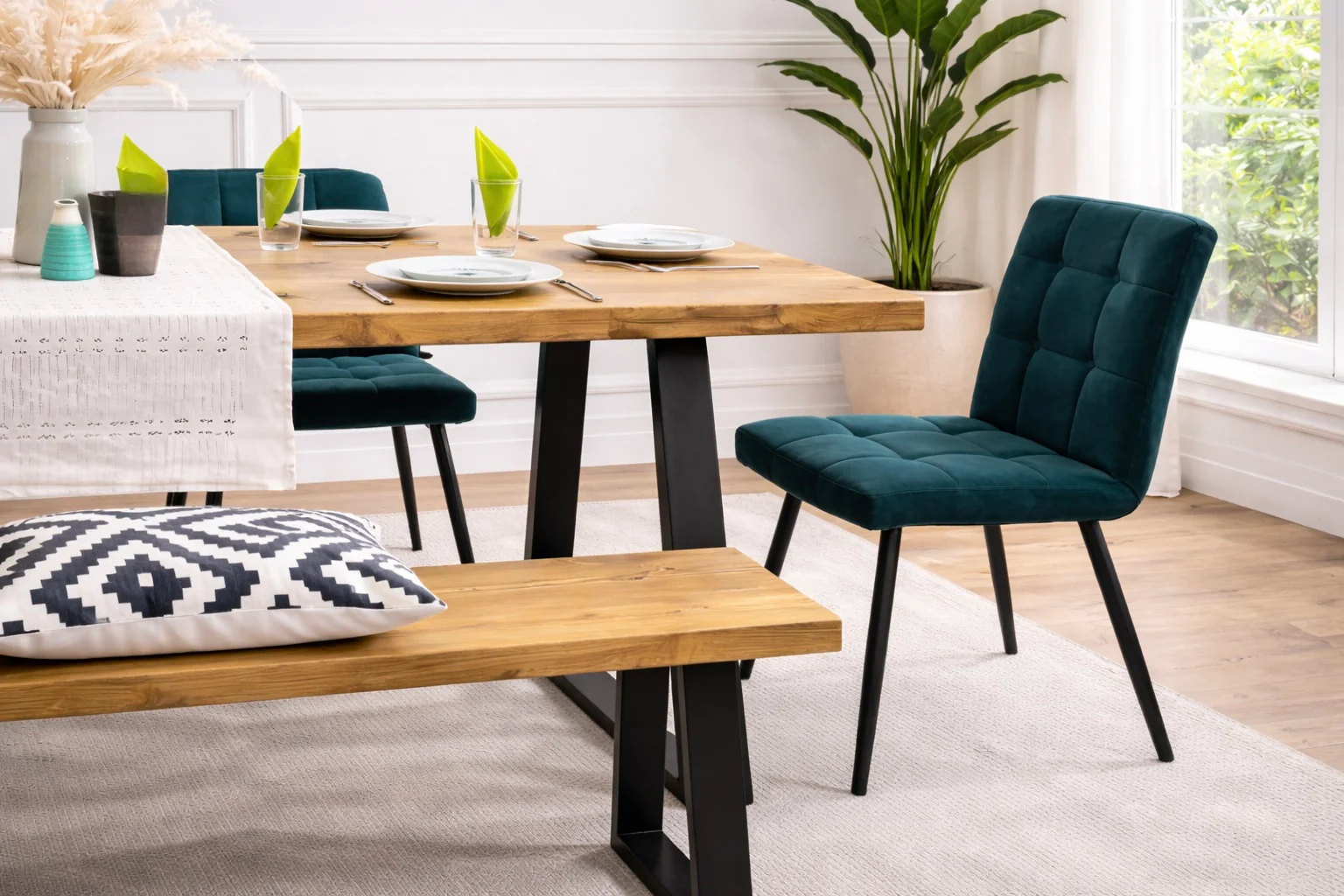 Industrial Reclaimed Dining Table & Bench on Steel Trapezium Legs, Rustic, Scaffold Board - Image 6