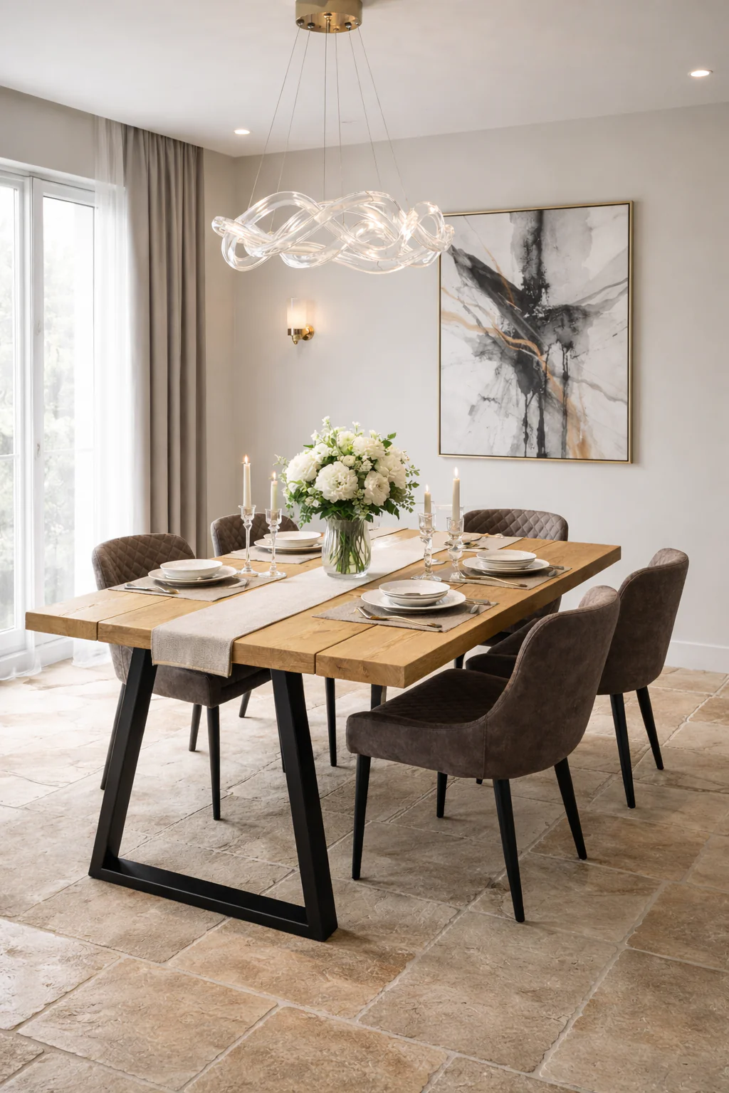 Industrial Reclaimed Dining Table & Bench on Steel Trapezium Legs, Rustic, Scaffold Board - Image 7
