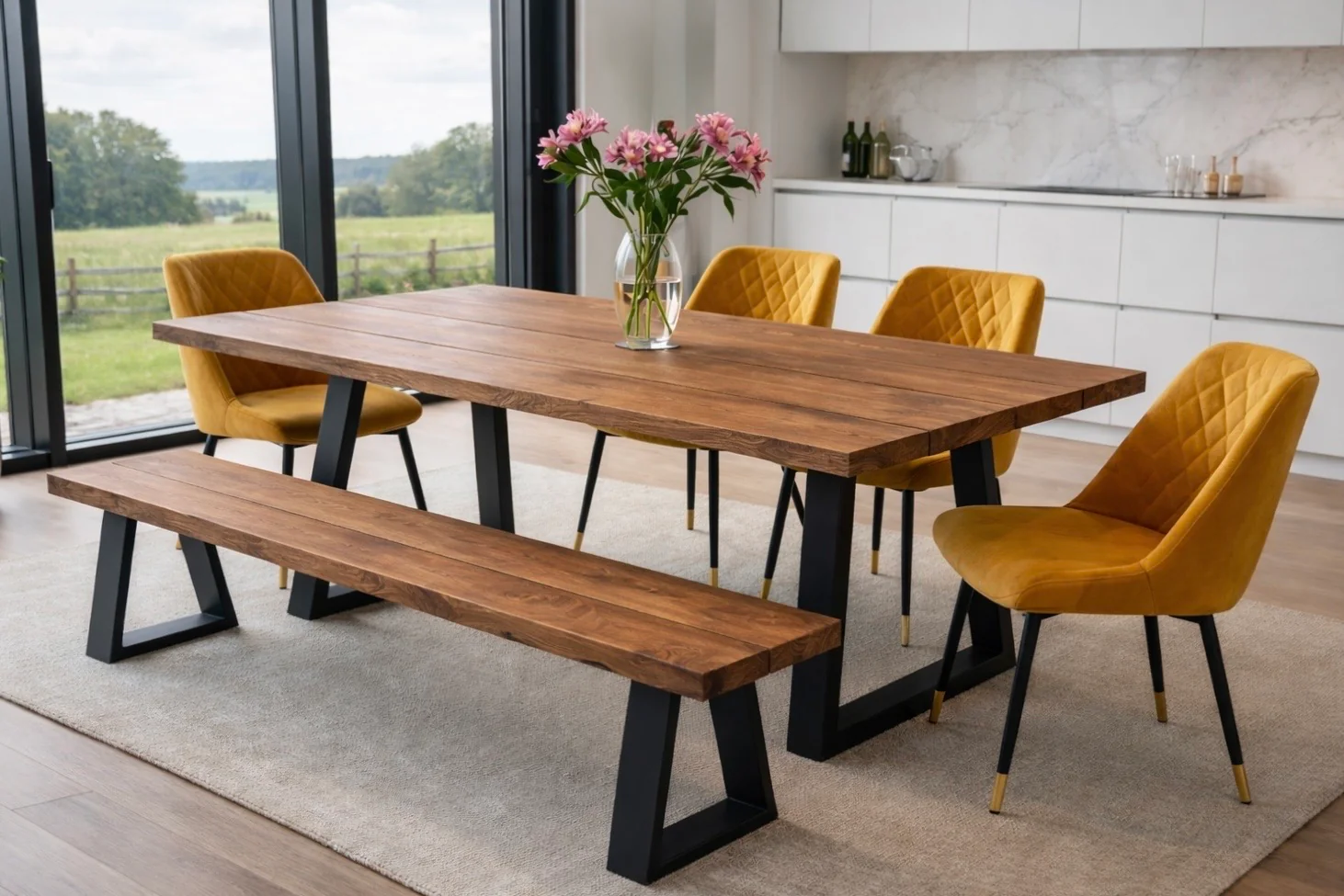 Industrial Reclaimed Dining Table & Bench on Steel Trapezium Legs, Rustic, Scaffold Board - Image 8