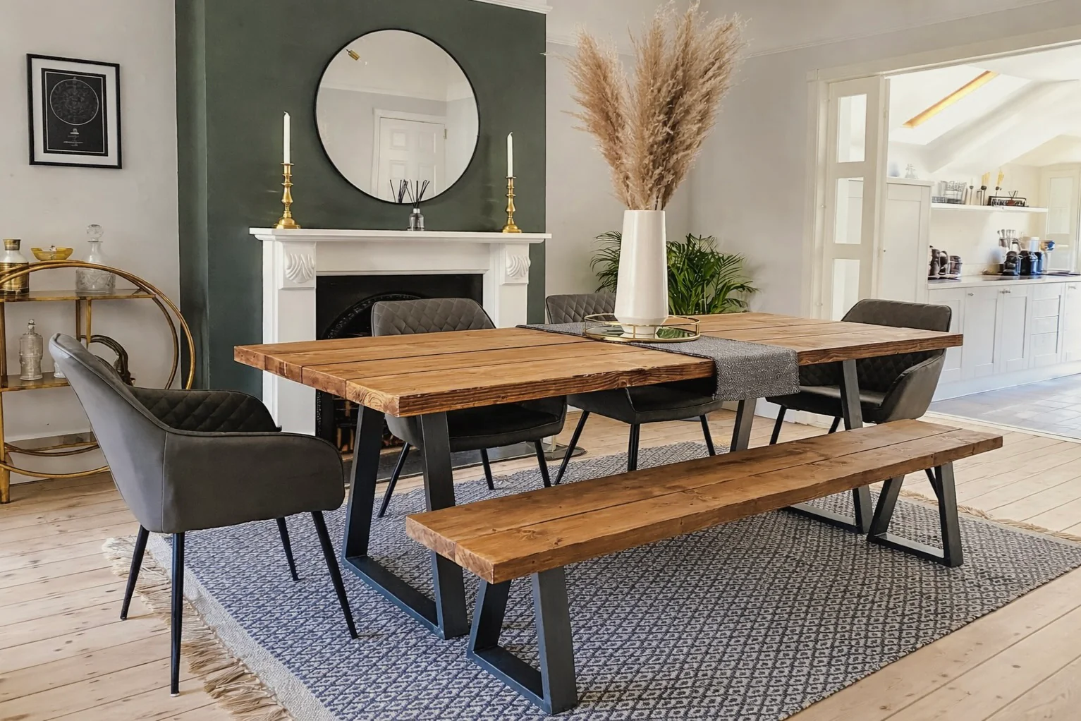Industrial Reclaimed Dining Table & Bench on Steel Trapezium Legs, Rustic, Scaffold Board - Image 9