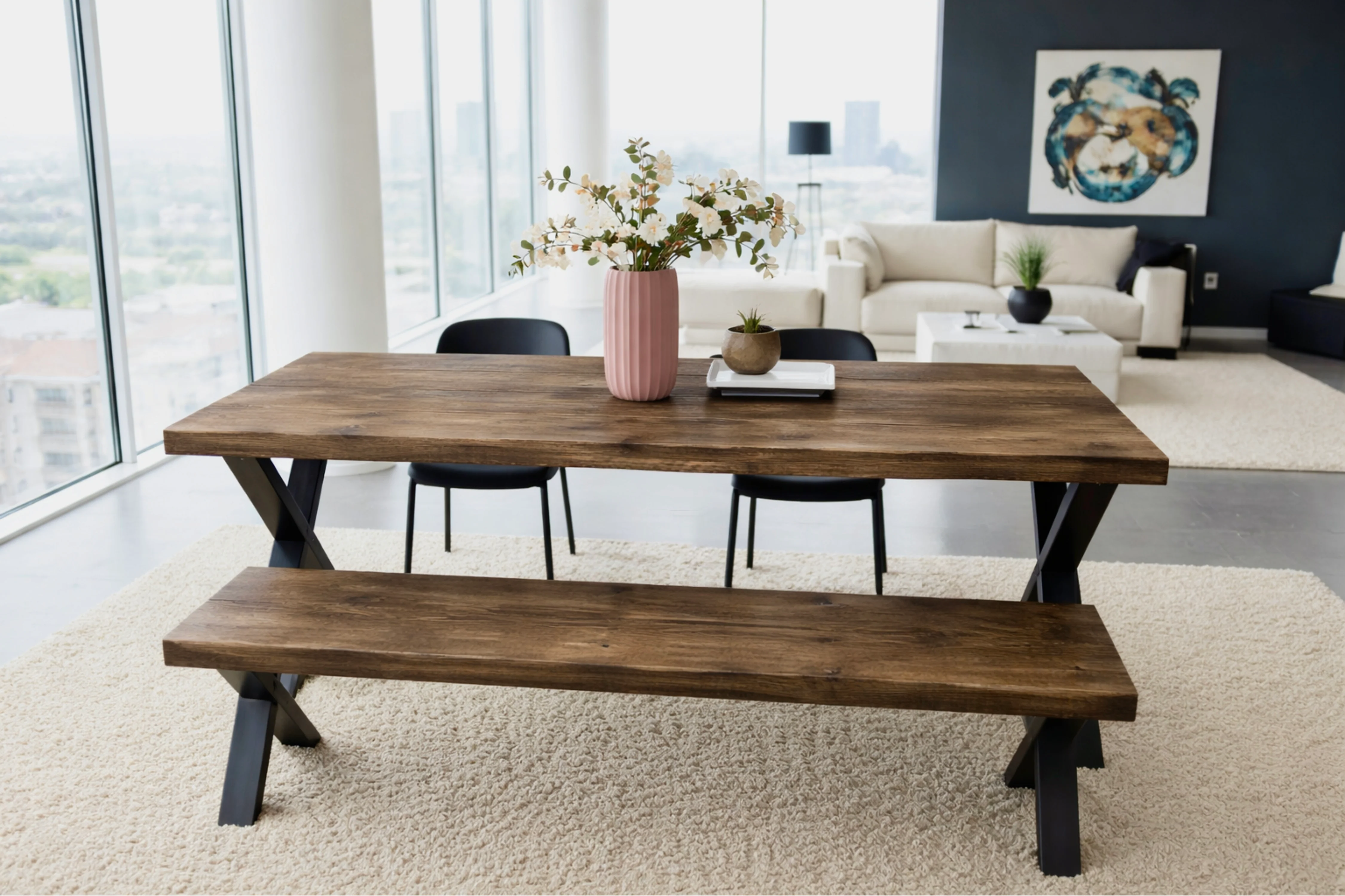 Rustic Dining Table & Bench on Steel X Frame Legs - Image 5