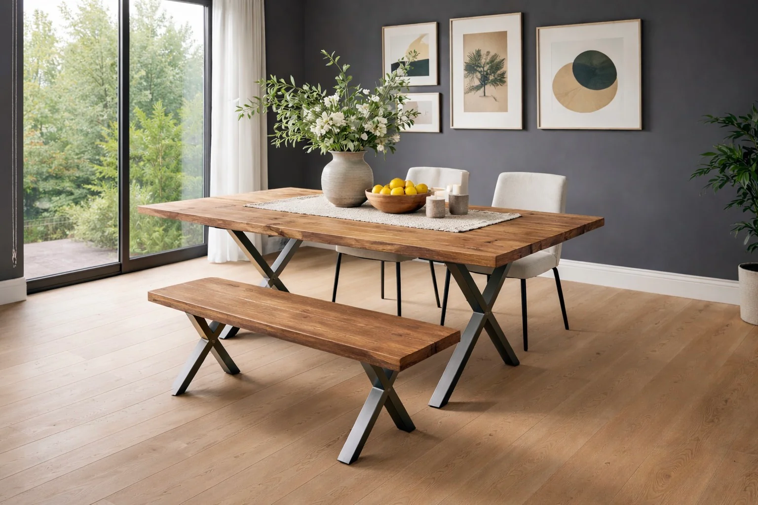 Rustic Dining Table & Bench on Steel X Frame Legs - Image 7