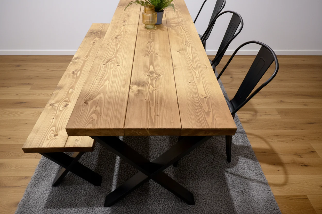 Rustic Dining Table & Bench on Steel X Frame Legs - Image 8
