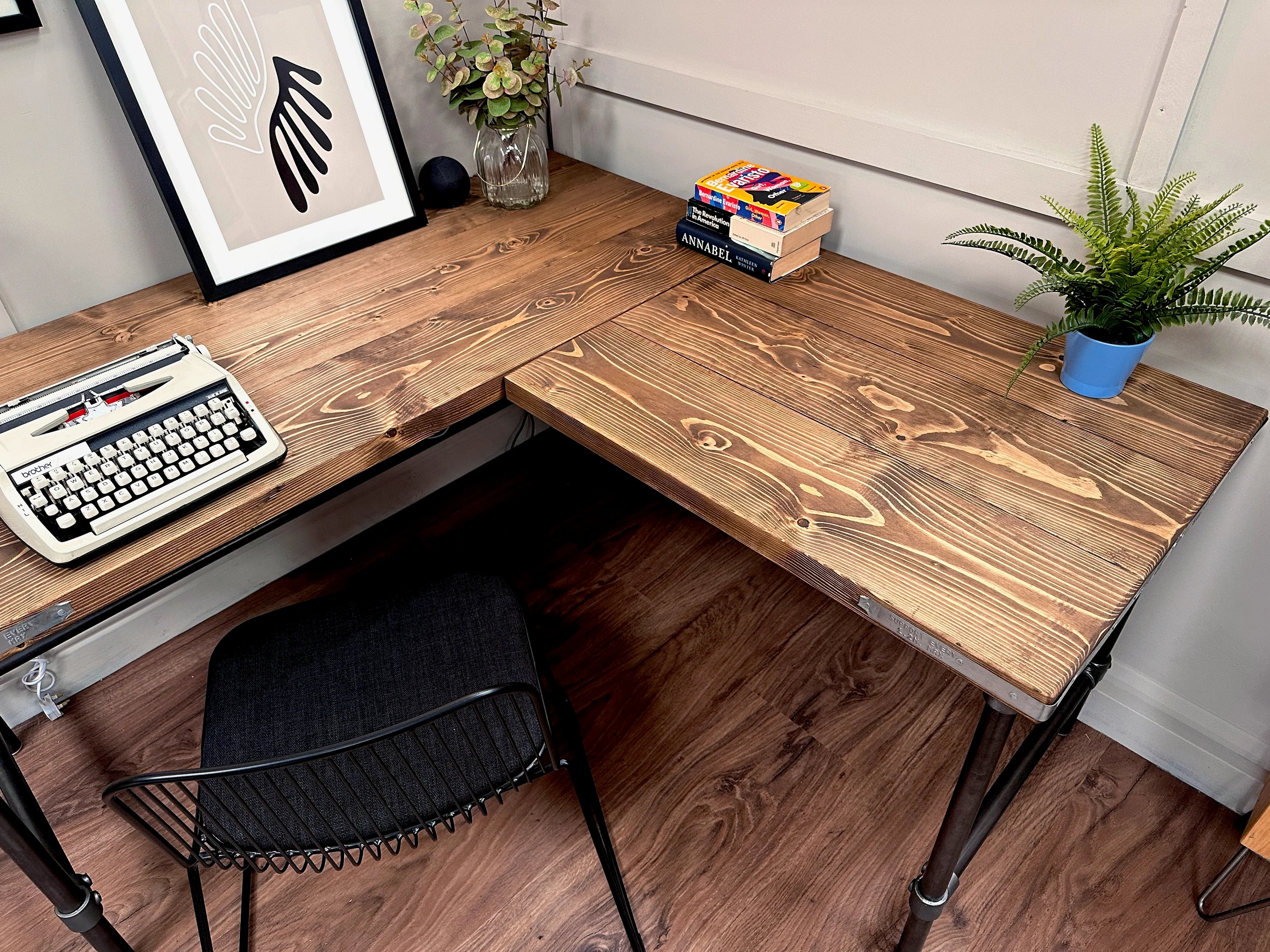 Handcrafted L-Shaped Corner Desk - Rustic Reclaimed Wood Desk with Industrial Steel Legs - Image 6