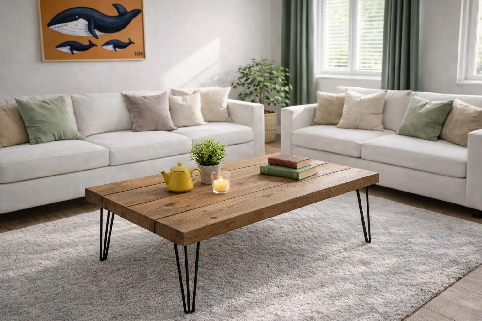 Industrial Solid Wooden Coffee Table on Steel Hairpin Legs - Image 3