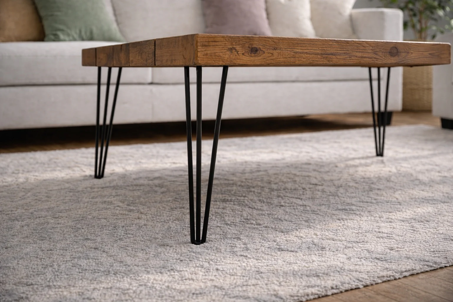 Industrial Solid Wooden Coffee Table on Steel Hairpin Legs - Image 5