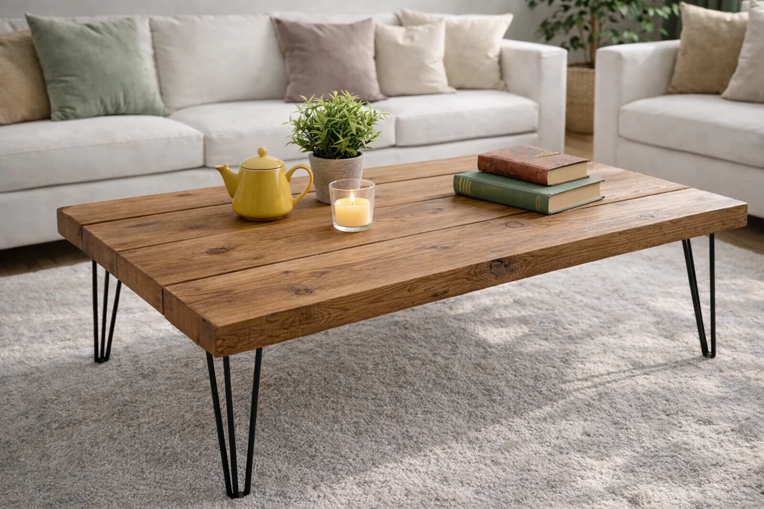 Industrial Solid Wooden Coffee Table on Steel Hairpin Legs - Image 6