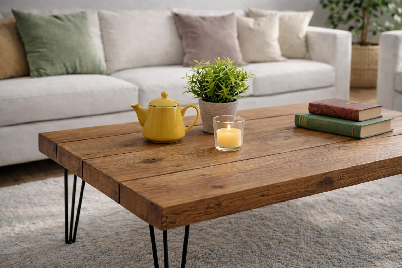 Industrial Solid Wooden Coffee Table on Steel Hairpin Legs - Image 9