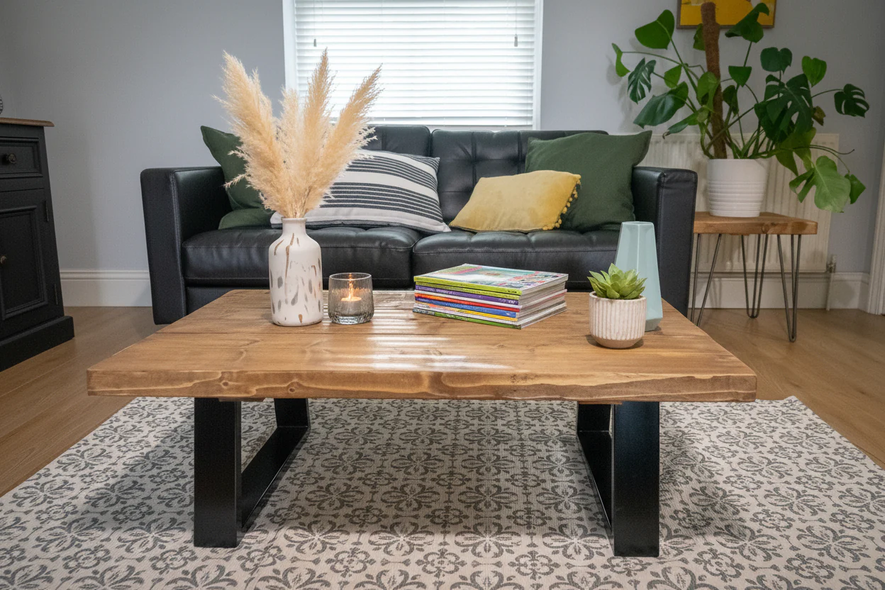 Industrial Coffee Table on Trapezium Steel Box Section Legs - Image 5