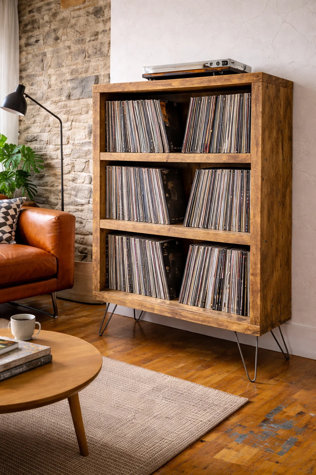 Industrial Solid Wood Record Cabinet, with Hairpin Legs | Rustic Vinyl Storage Shelves - Image 3
