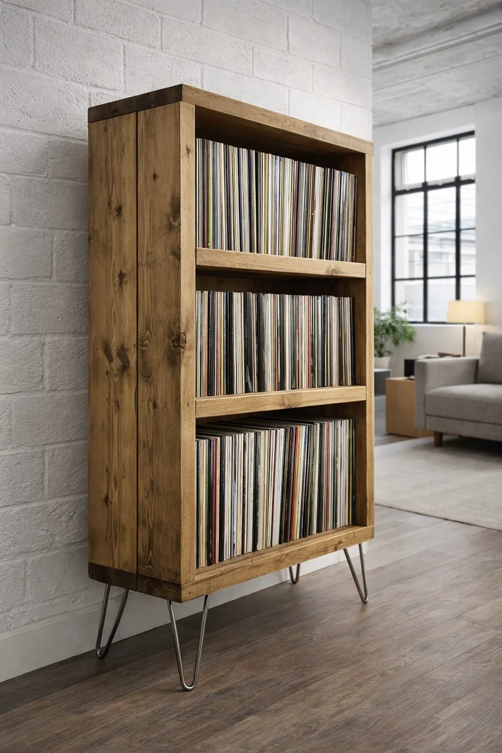 Industrial Solid Wood Record Cabinet, with Hairpin Legs | Rustic Vinyl Storage Shelves - Image 6