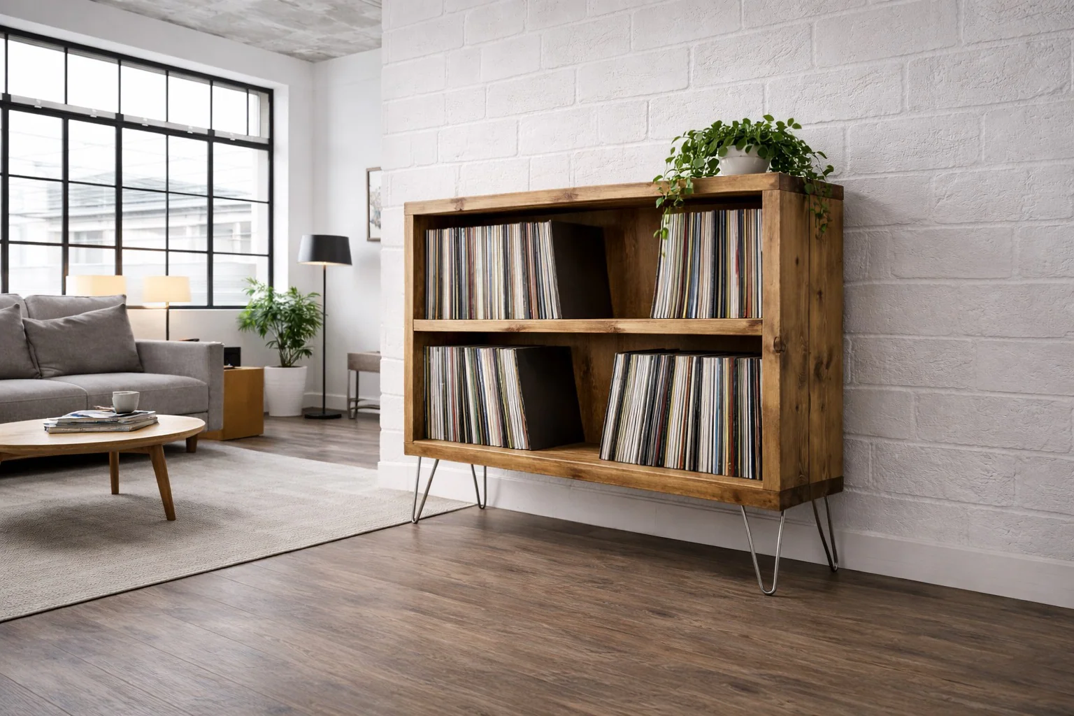 Industrial Solid Wood Record Cabinet, with Hairpin Legs | Rustic Vinyl Storage Shelves - Image 8