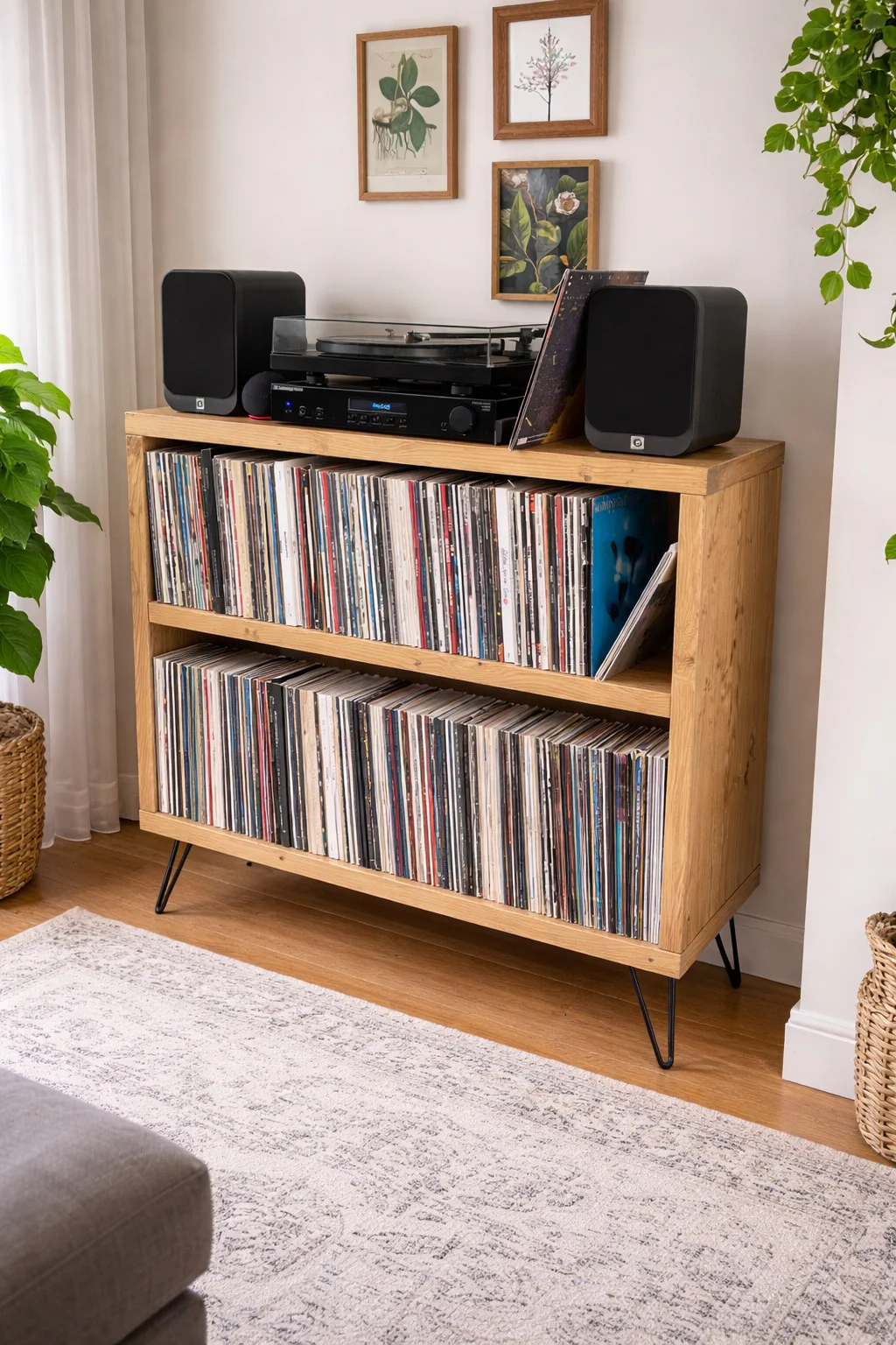Industrial Solid Wood Record Cabinet, with Hairpin Legs | Rustic Vinyl Storage Shelves - Image 9