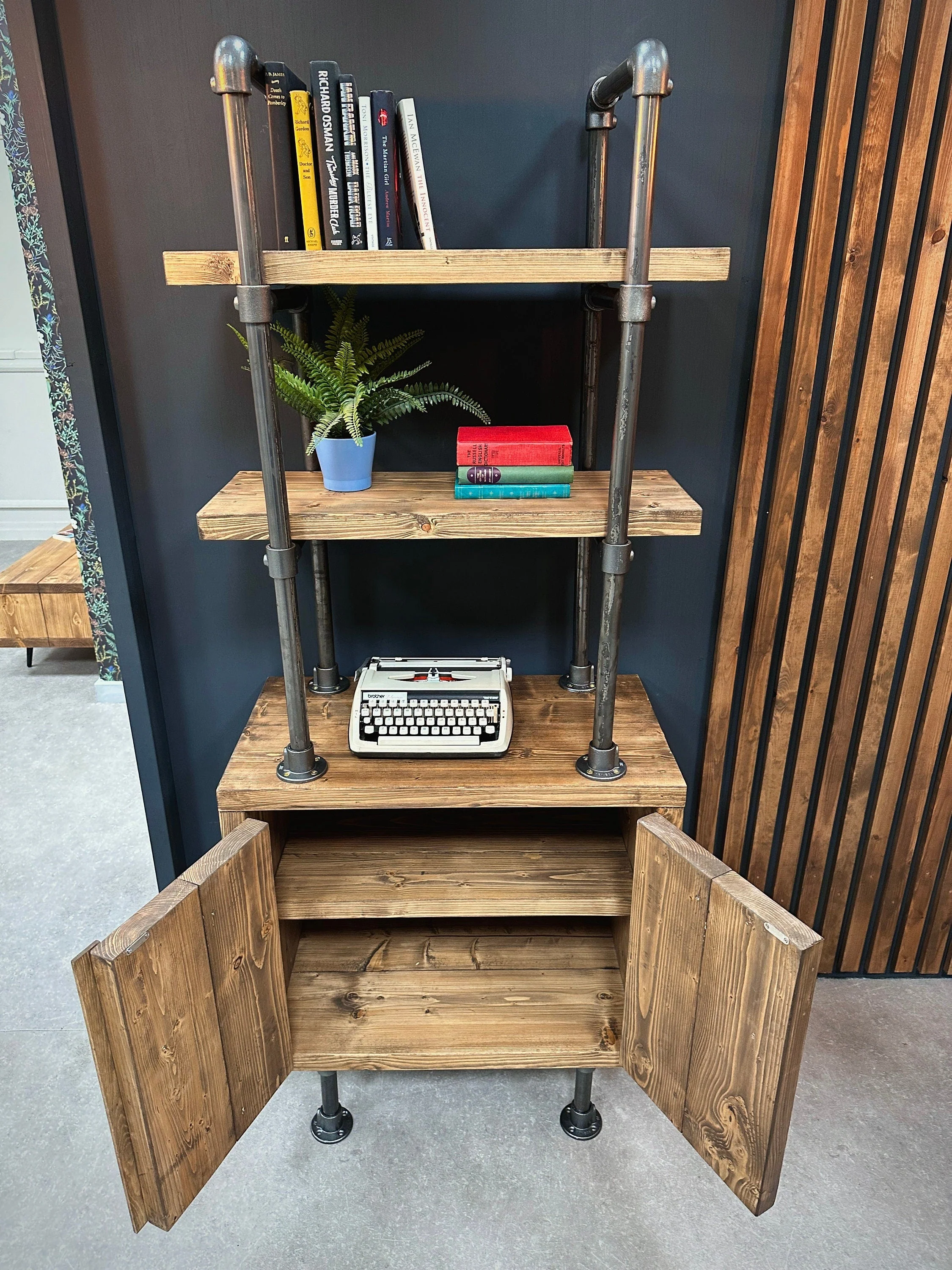 Industrial Shelving Unit with Cupboard | Rustic Scaffold Board Retro Ladder Style Bookcase, Cabinet | Steel Tube, Mid Century MCM Influence - Image 3