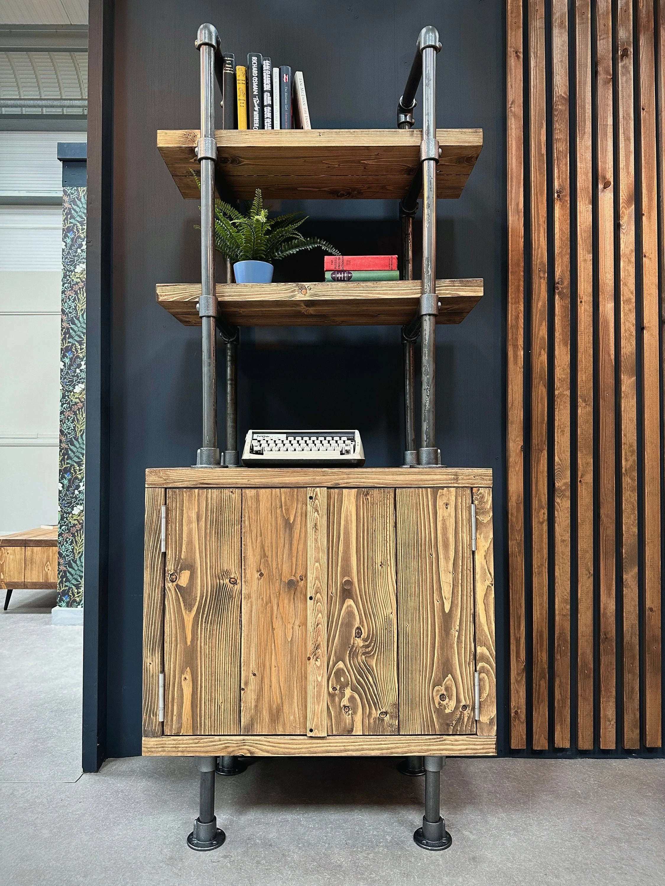 Industrial Shelving Unit with Cupboard | Rustic Scaffold Board Retro Ladder Style Bookcase, Cabinet | Steel Tube, Mid Century MCM Influence - Image 5