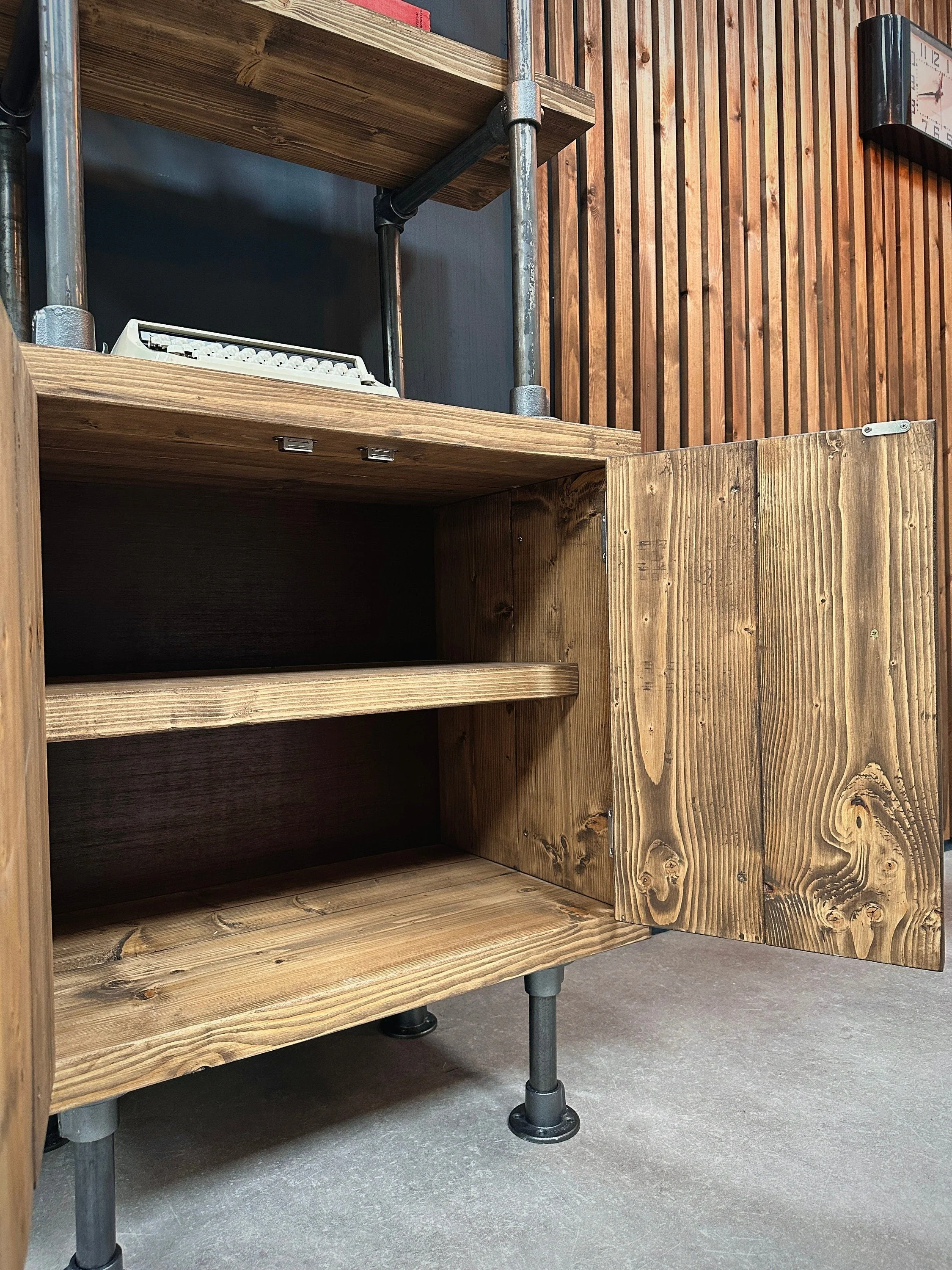 Industrial Shelving Unit with Cupboard | Rustic Scaffold Board Retro Ladder Style Bookcase, Cabinet | Steel Tube, Mid Century MCM Influence - Image 6