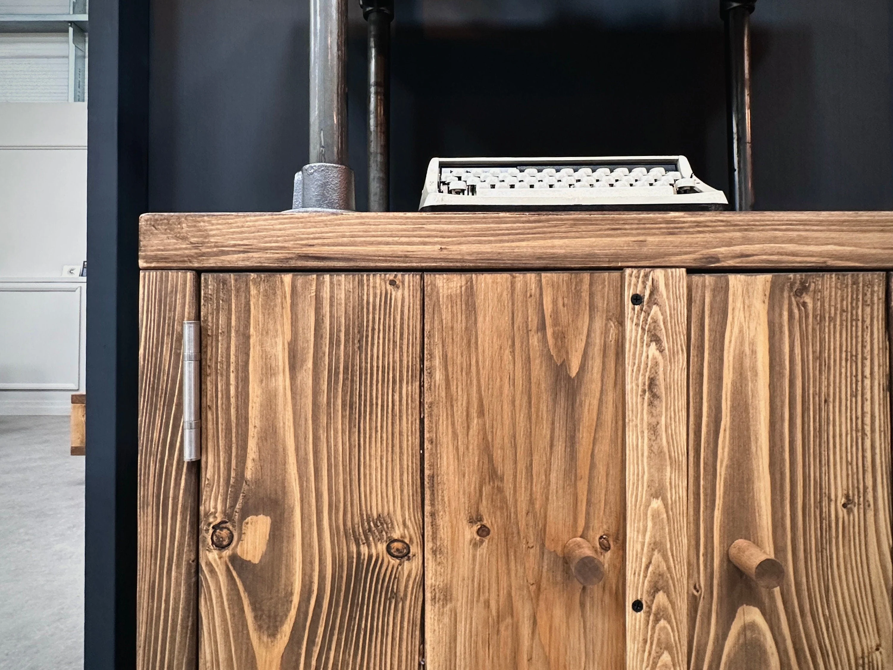 Industrial Shelving Unit with Cupboard | Rustic Scaffold Board Retro Ladder Style Bookcase, Cabinet | Steel Tube, Mid Century MCM Influence - Image 8