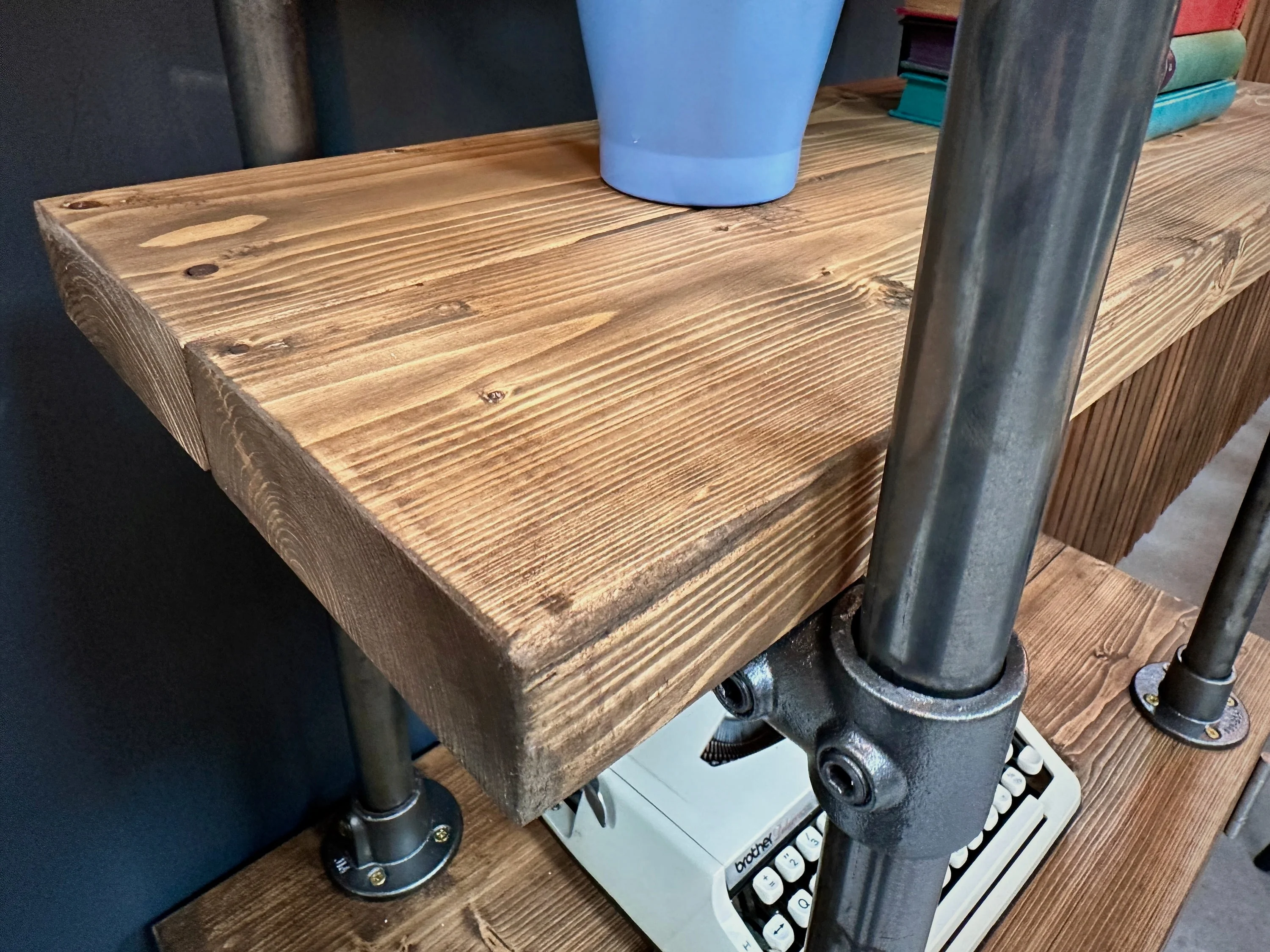 Industrial Shelving Unit with Cupboard | Rustic Scaffold Board Retro Ladder Style Bookcase, Cabinet | Steel Tube, Mid Century MCM Influence - Image 9