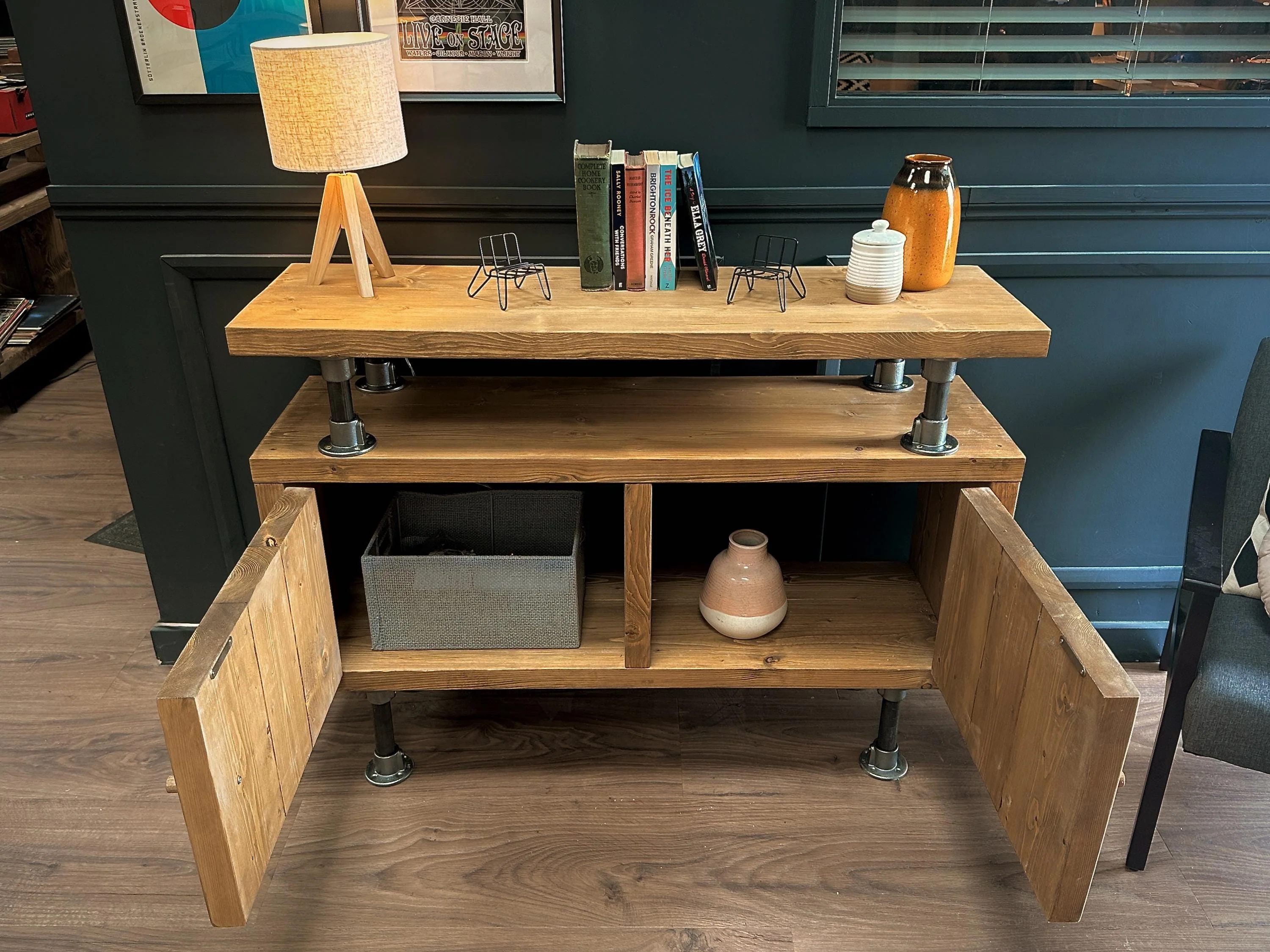 Industrial Solid Wooden Sideboard with Steel Tube Legs | Rustic 2 Door Cabinet | Media Unit, LP, Vinyl Storage TV Stand | Reclaimed Rustic - Image 11