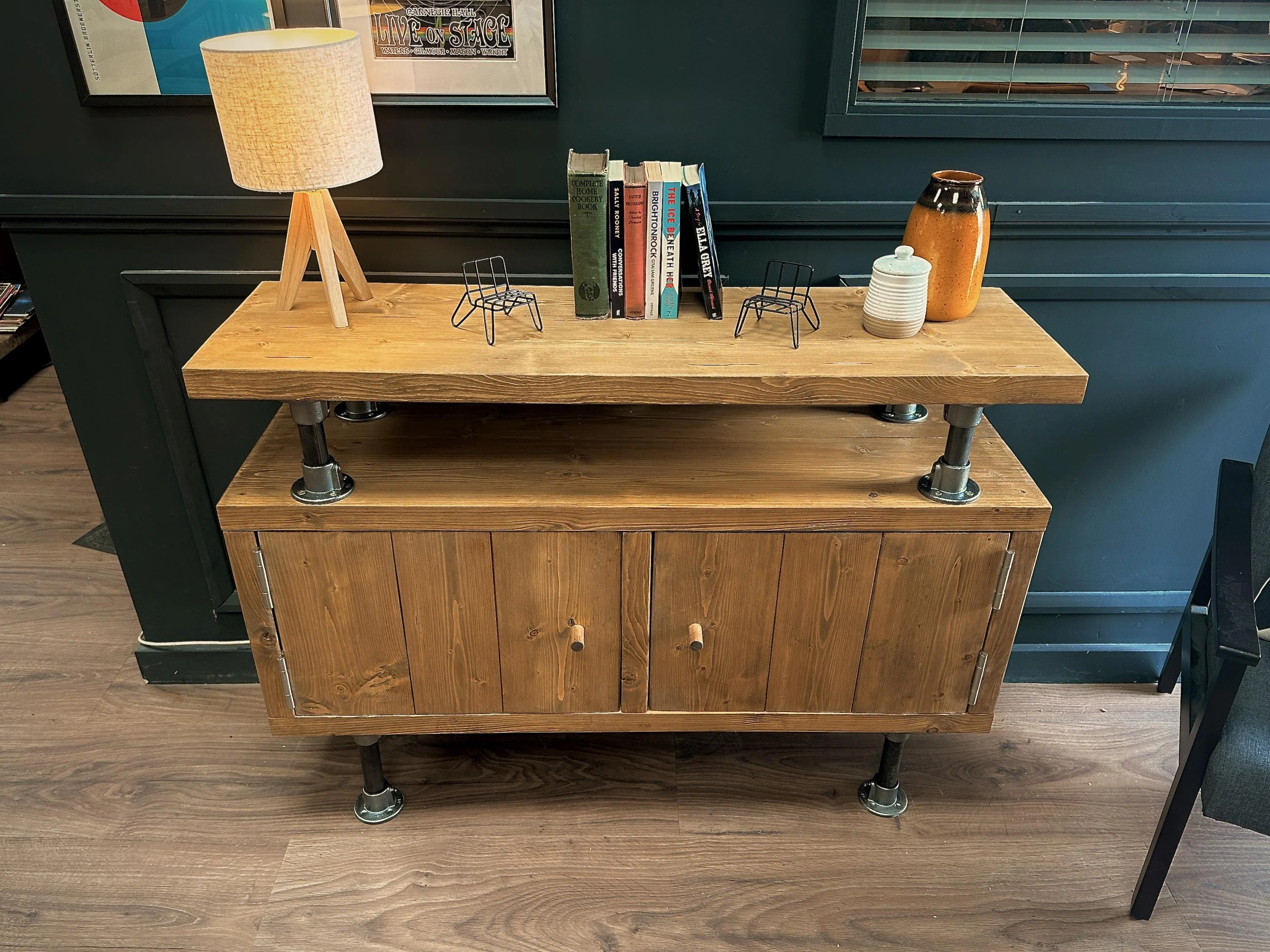 Industrial Solid Wooden Sideboard with Steel Tube Legs | Rustic 2 Door Cabinet | Media Unit, LP, Vinyl Storage TV Stand | Reclaimed Rustic - Image 3