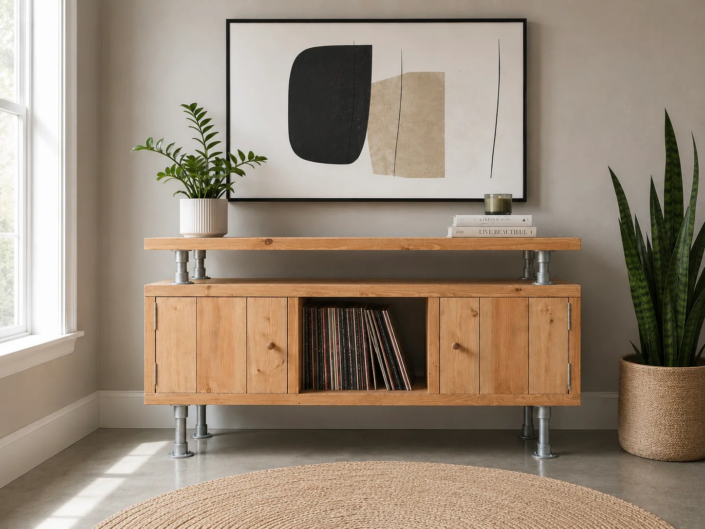 Industrial Solid Wooden Sideboard with Steel Tube Legs | Rustic 2 Door Cabinet | Media Unit, LP, Vinyl Storage TV Stand | Reclaimed Rustic - Image 4