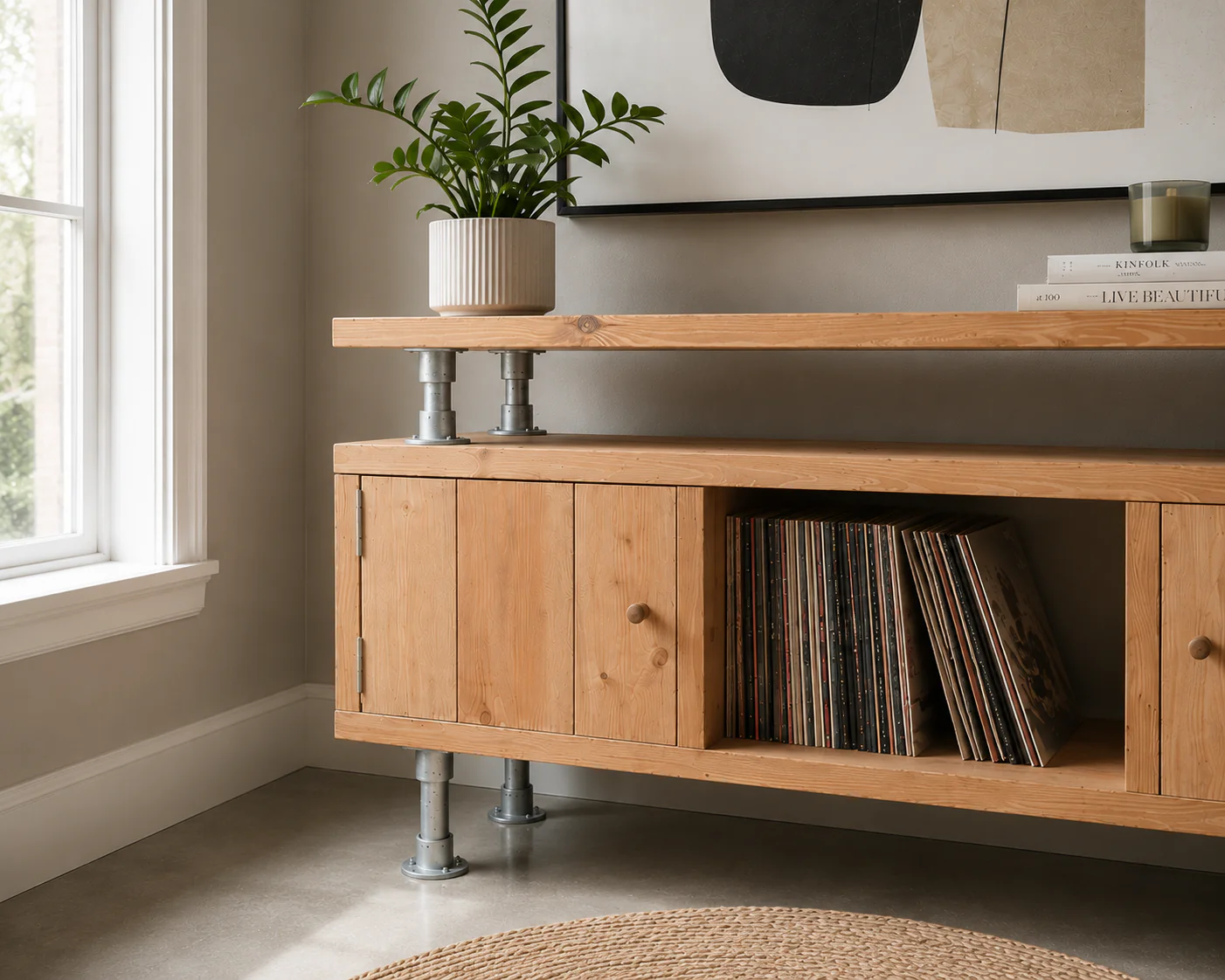Industrial Solid Wooden Sideboard with Steel Tube Legs | Rustic 2 Door Cabinet | Media Unit, LP, Vinyl Storage TV Stand | Reclaimed Rustic - Image 5