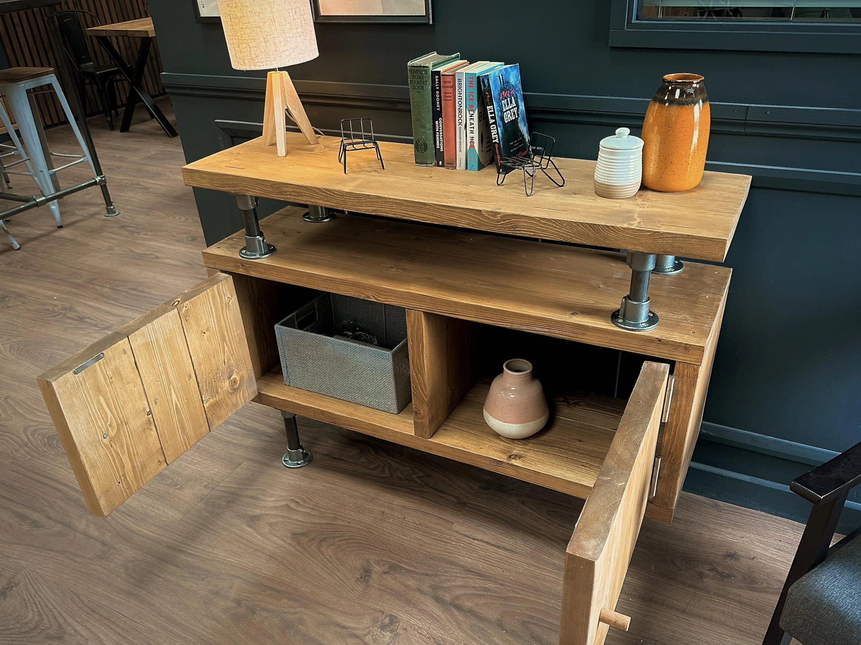 Industrial Solid Wooden Sideboard with Steel Tube Legs | Rustic 2 Door Cabinet | Media Unit, LP, Vinyl Storage TV Stand | Reclaimed Rustic - Image 6