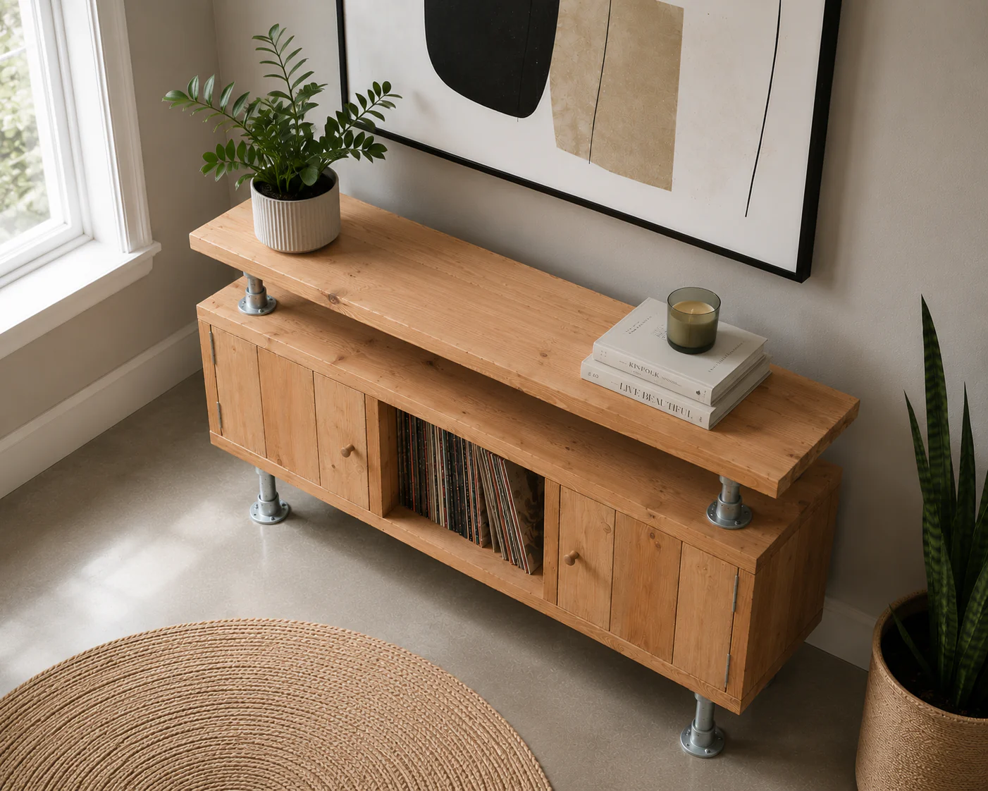 Industrial Solid Wooden Sideboard with Steel Tube Legs | Rustic 2 Door Cabinet | Media Unit, LP, Vinyl Storage TV Stand | Reclaimed Rustic - Image 7