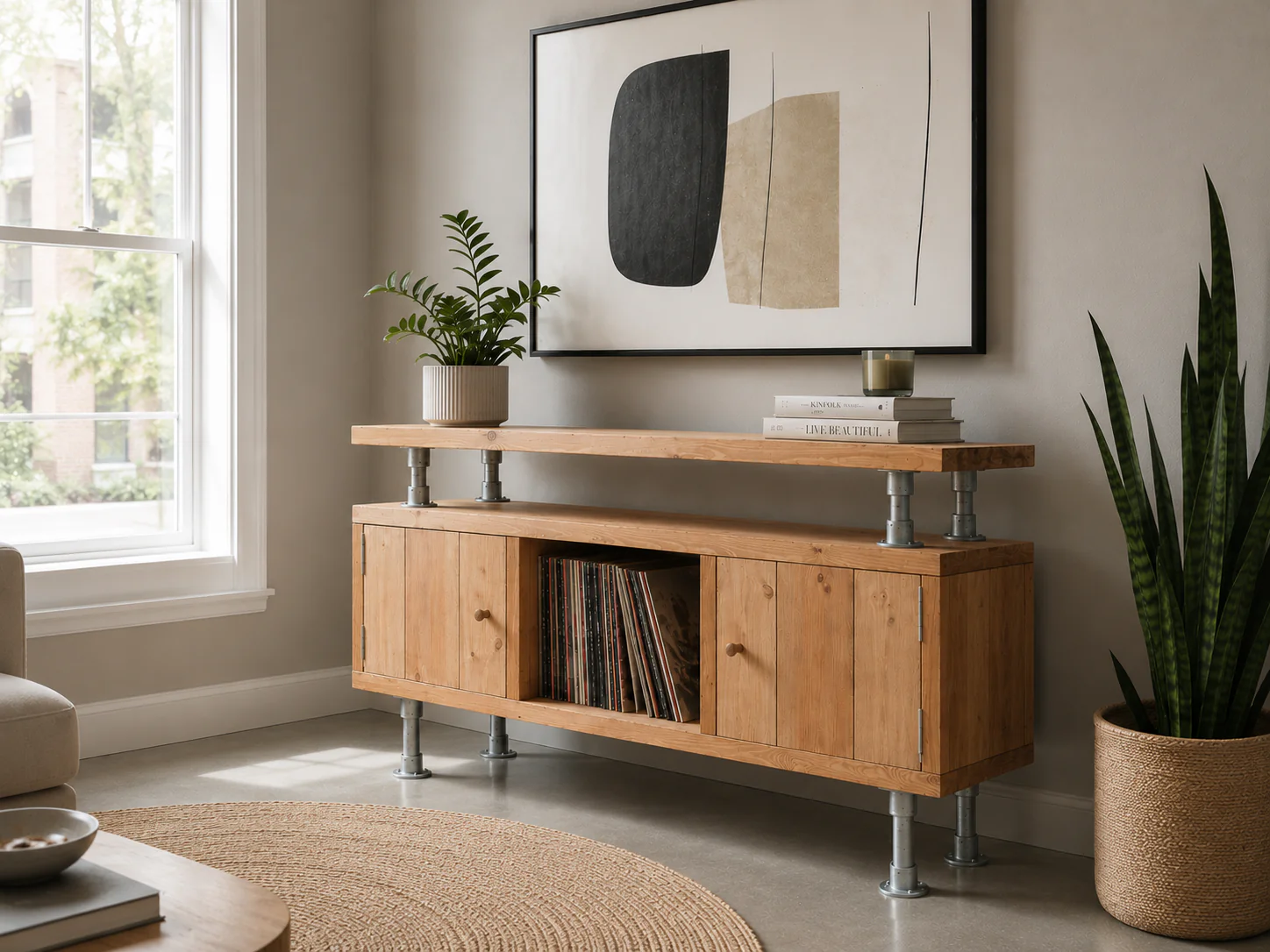 Industrial Solid Wooden Sideboard with Steel Tube Legs | Rustic 2 Door Cabinet | Media Unit, LP, Vinyl Storage TV Stand | Reclaimed Rustic - Image 8