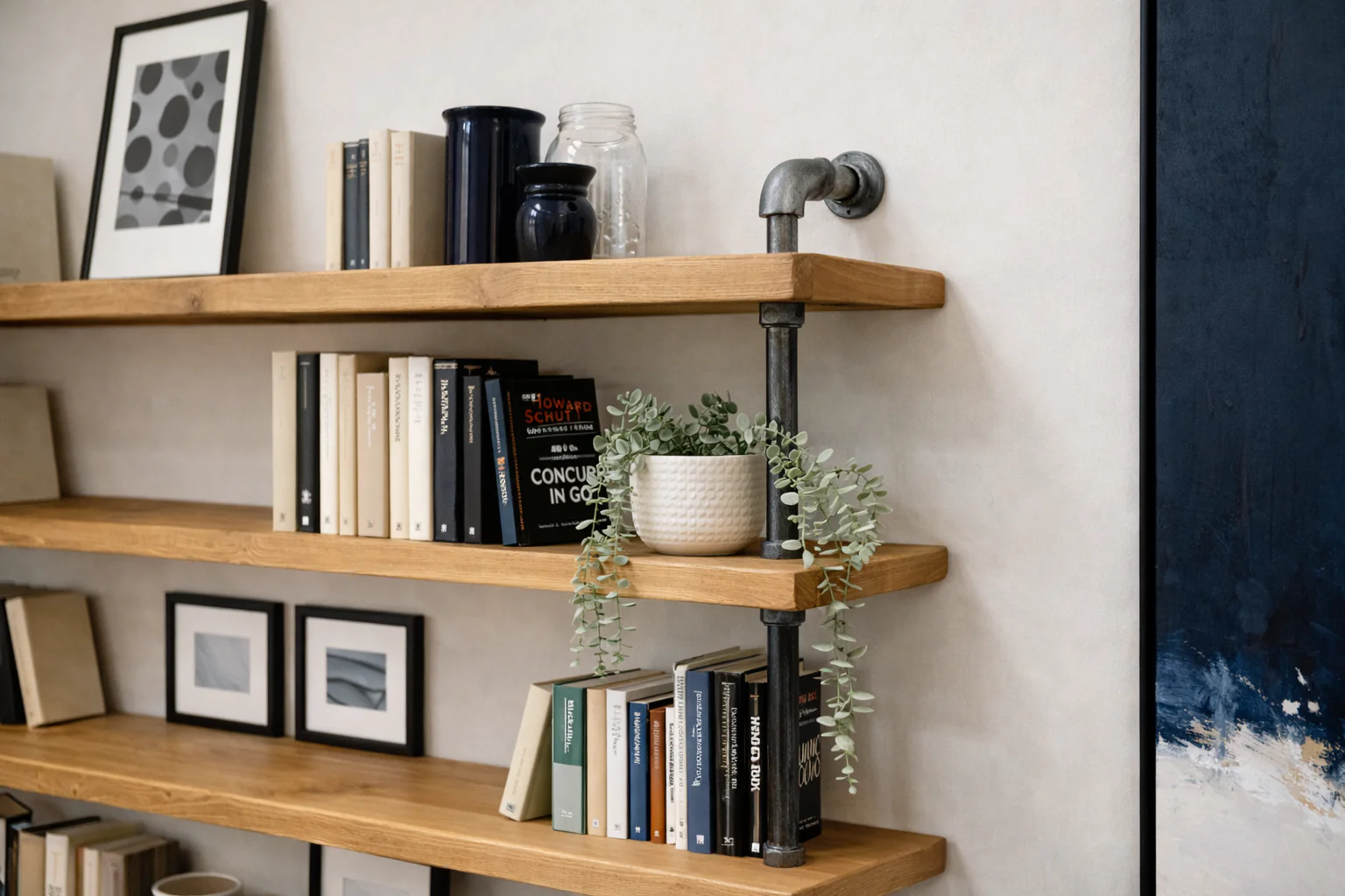 Industrial Style Bookcase on Steel Tube, Reclaimed, Wooden Shelf Unit - Image 11
