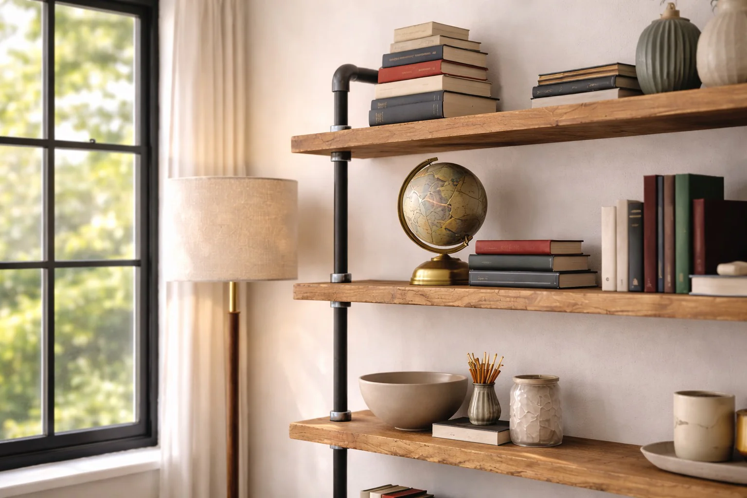 Industrial Style Bookcase on Steel Tube, Reclaimed, Wooden Shelf Unit - Image 3