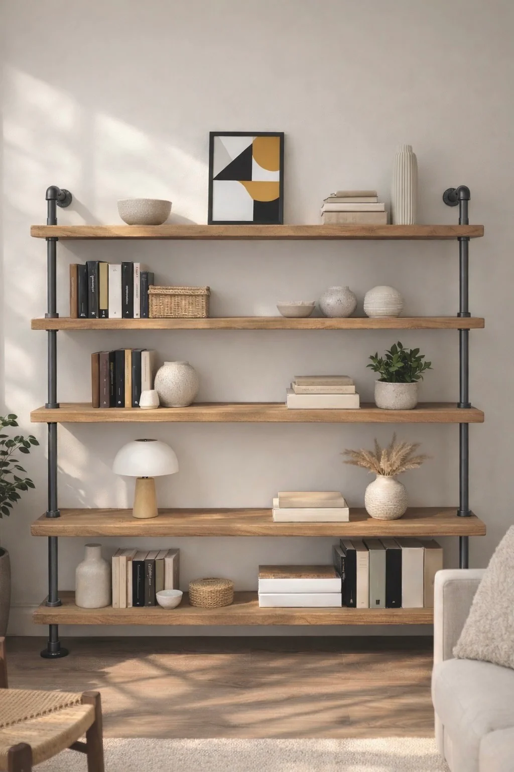 Industrial Style Bookcase on Steel Tube, Reclaimed, Wooden Shelf Unit - Image 4