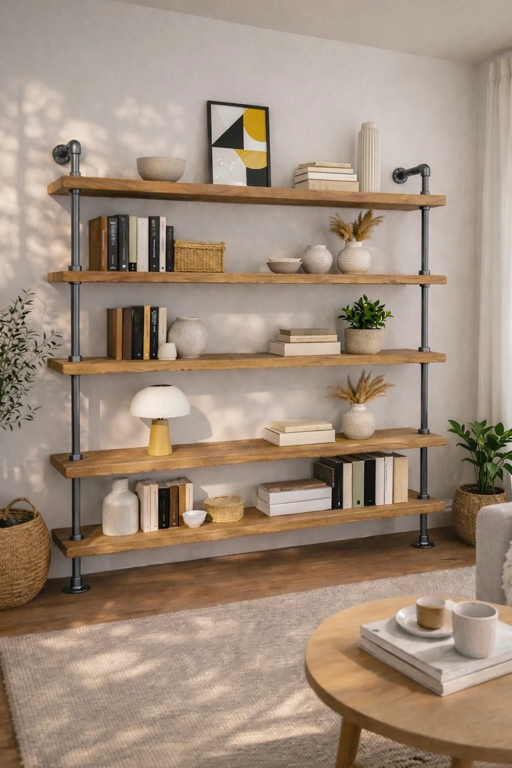 Industrial Style Bookcase on Steel Tube, Reclaimed, Wooden Shelf Unit - Image 5